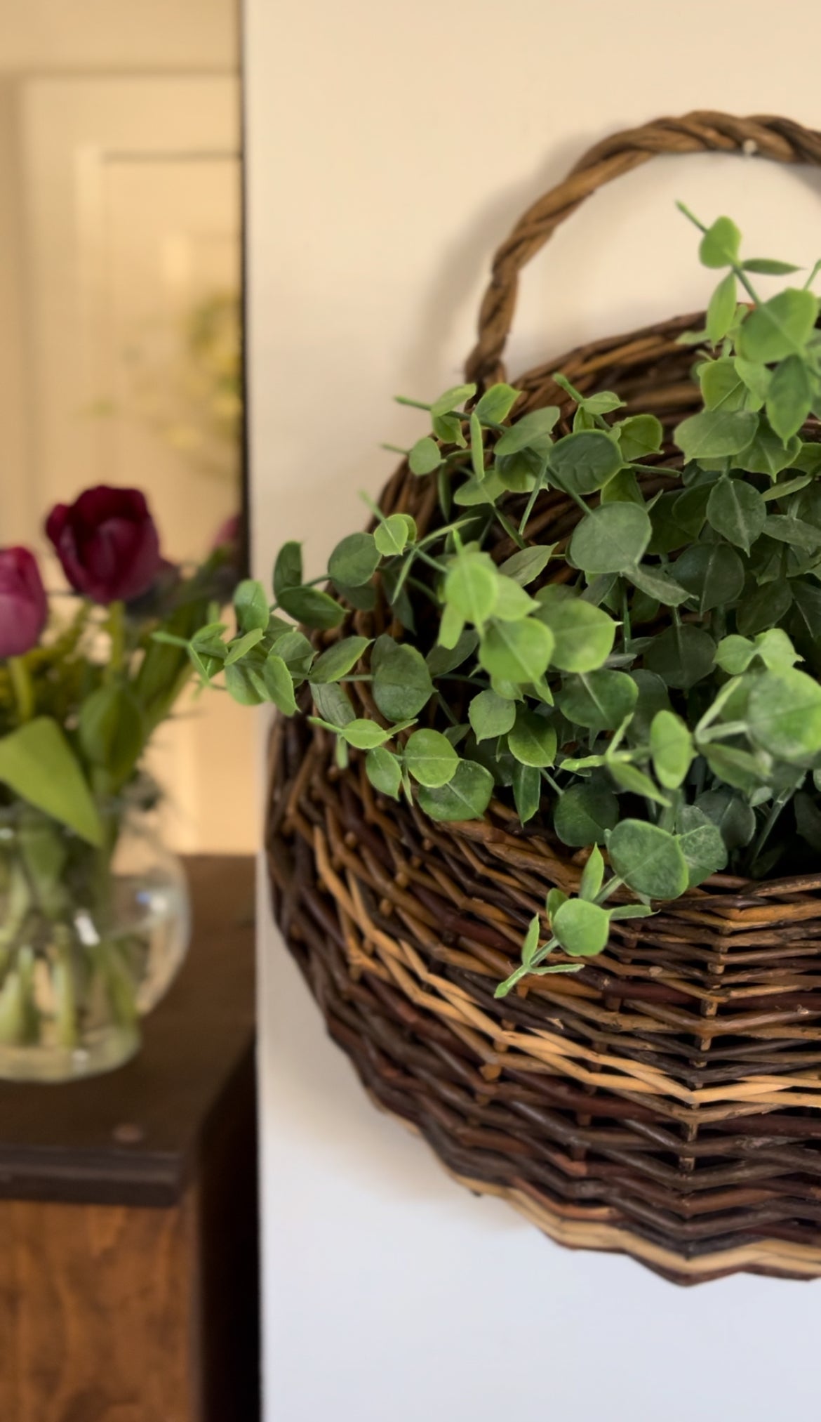 Large Two-Toned Woven Stick Hanging Basket (greenery included)