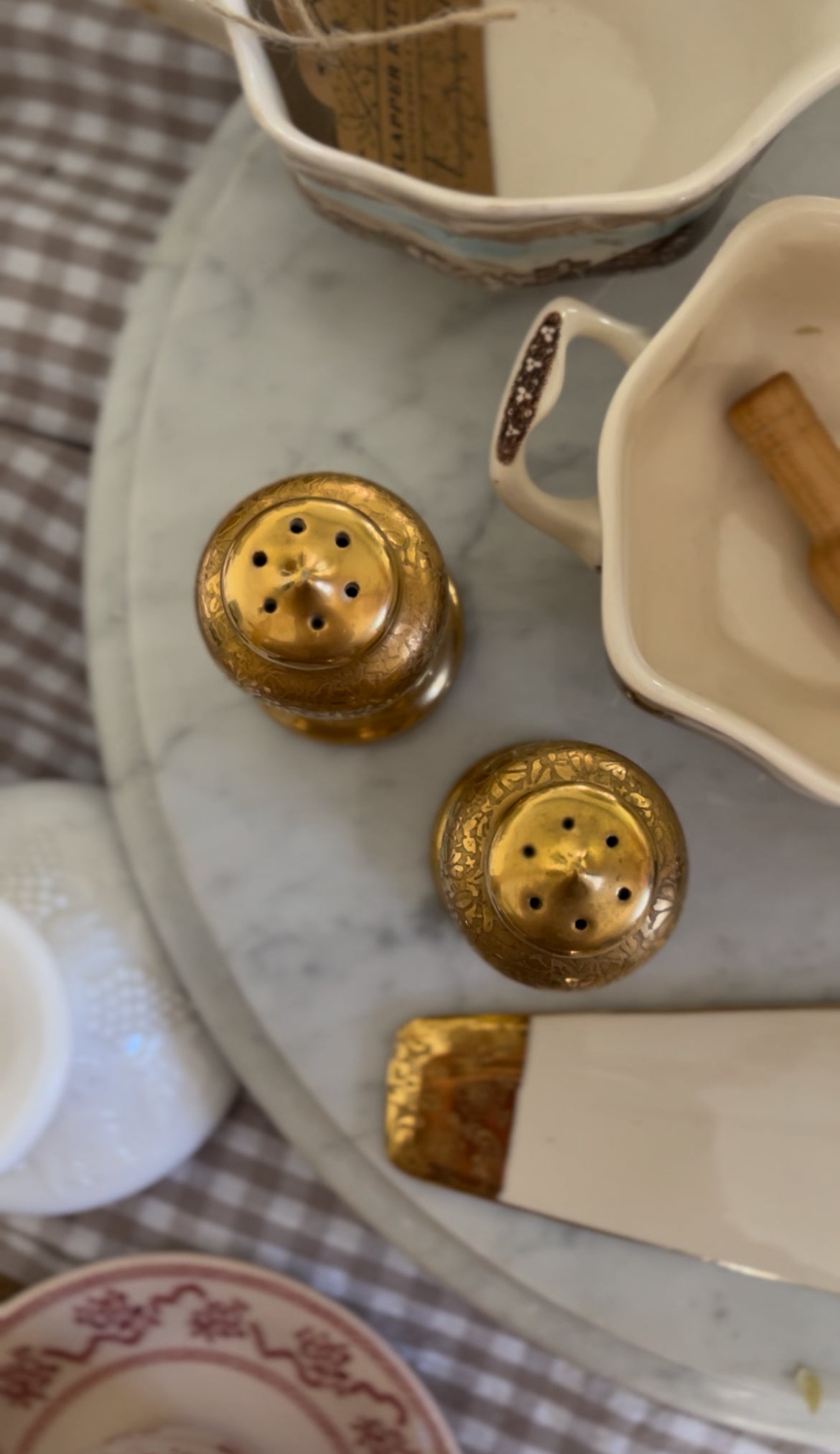 Vintage Pickard Rose and Daisy Gold Porcelain Salt & Pepper Shakers