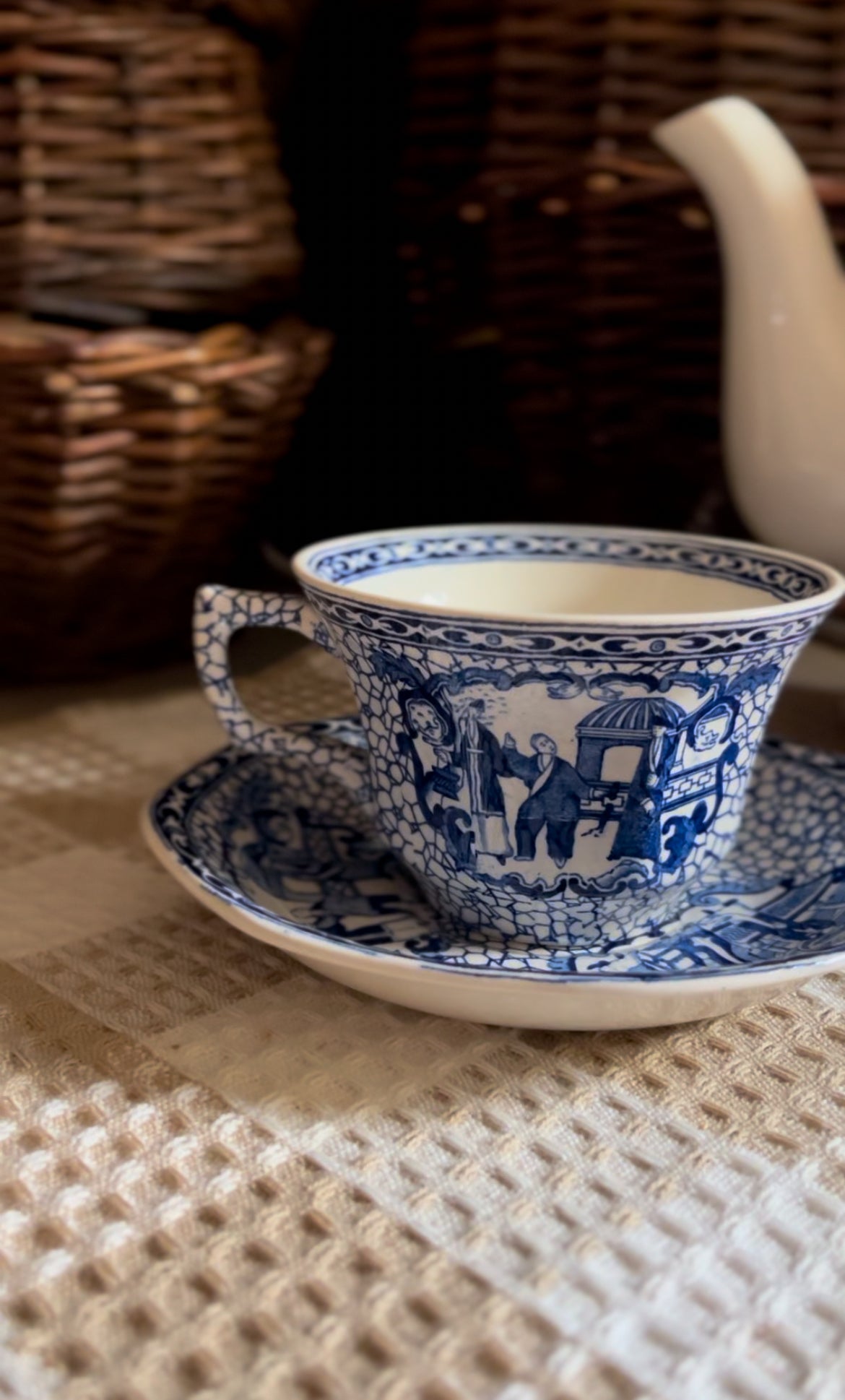 Vintage William Adams Blue and White English Teacup and Saucer with the Chinese Bird Pattern (3 left)