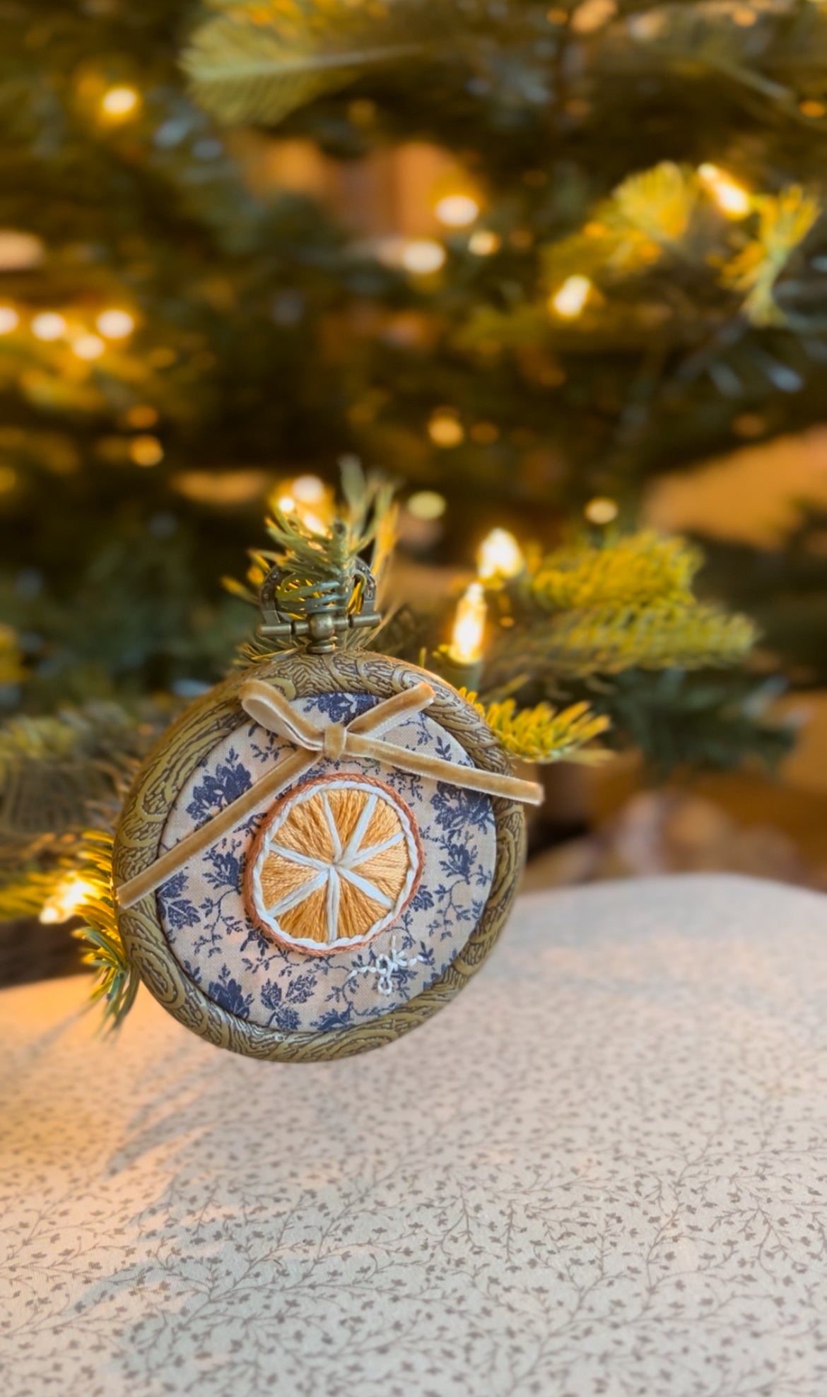 Small Dried Orange Blue Floral Embroidery Ornament