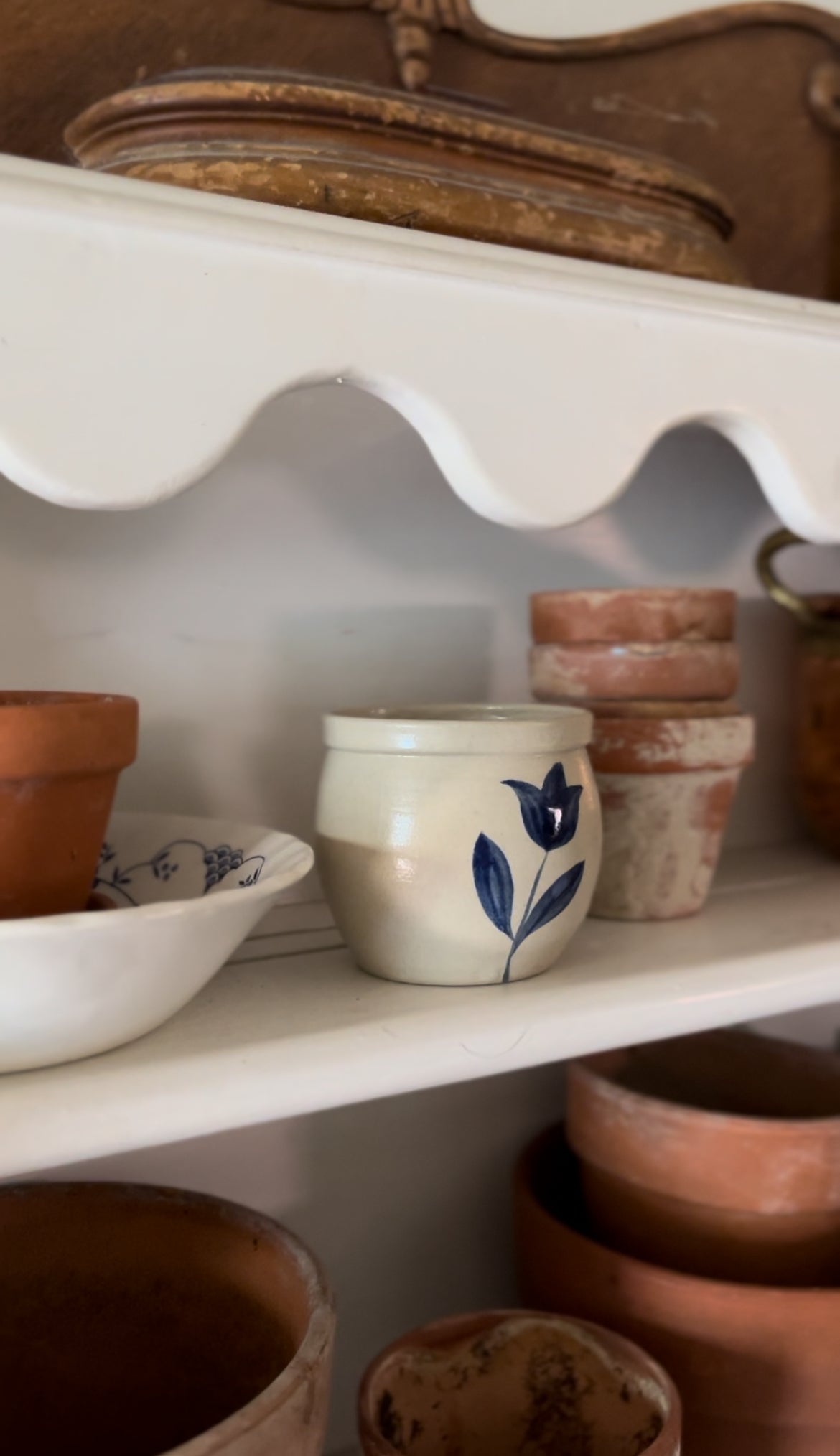 Williamsburg Pottery Small Planter with Blue Tulip Motif