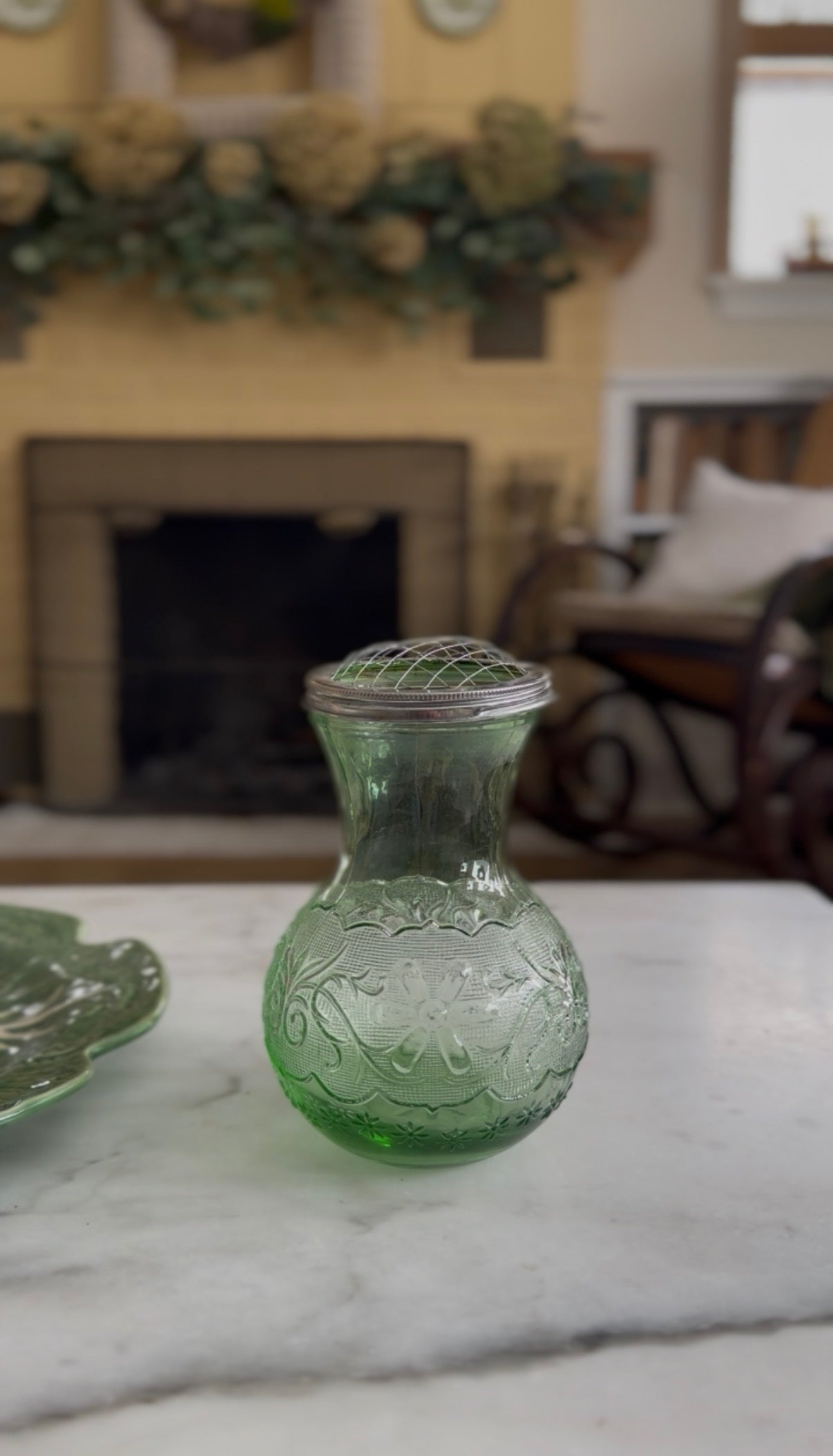 Green Glass Flower Vase with Flower Frog