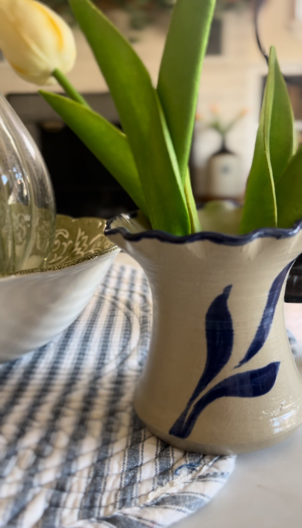 Williamsburg Pottery Blue Flower Ruffle Stoneware Vase (flowers not included)