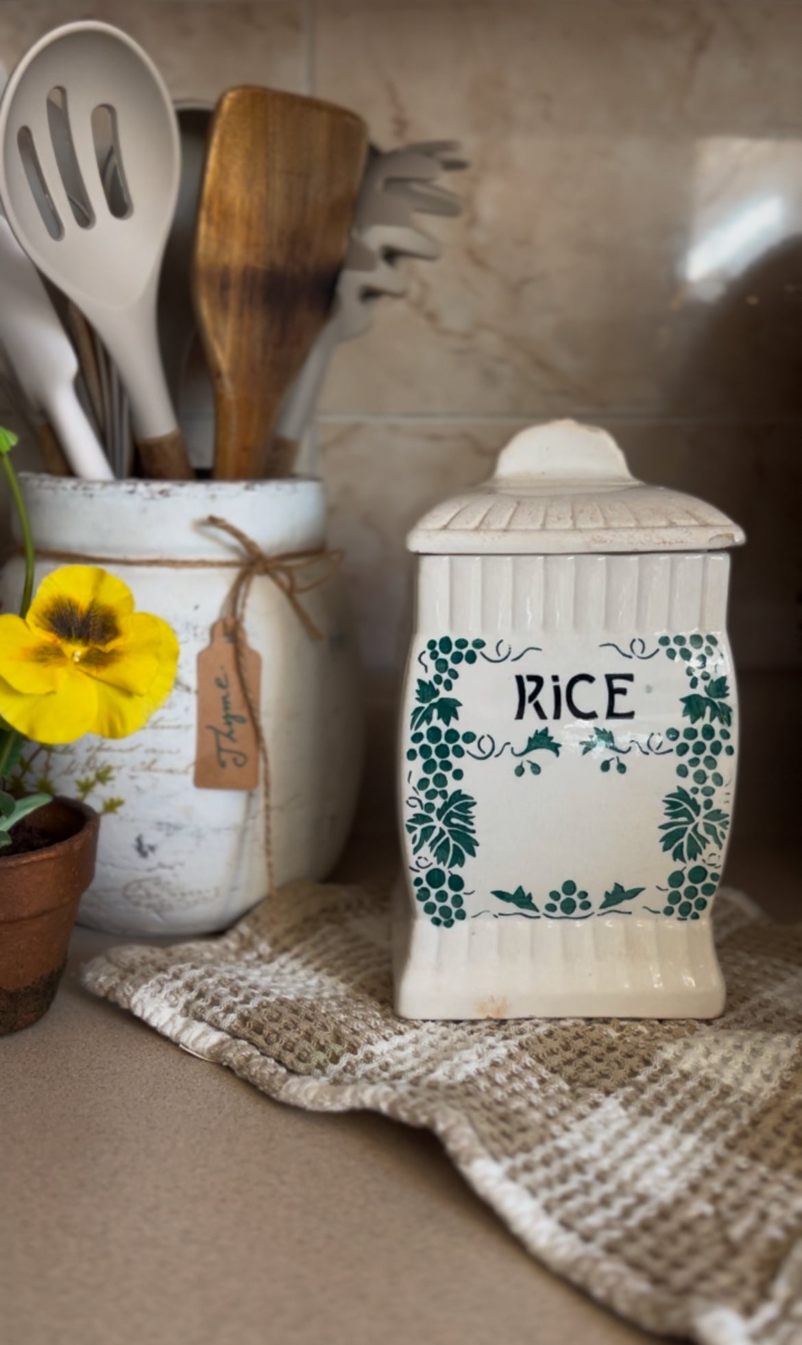 Ceramic Canister Set made in Germany (ginger sold. Rice, cloves, and cinnamon left)