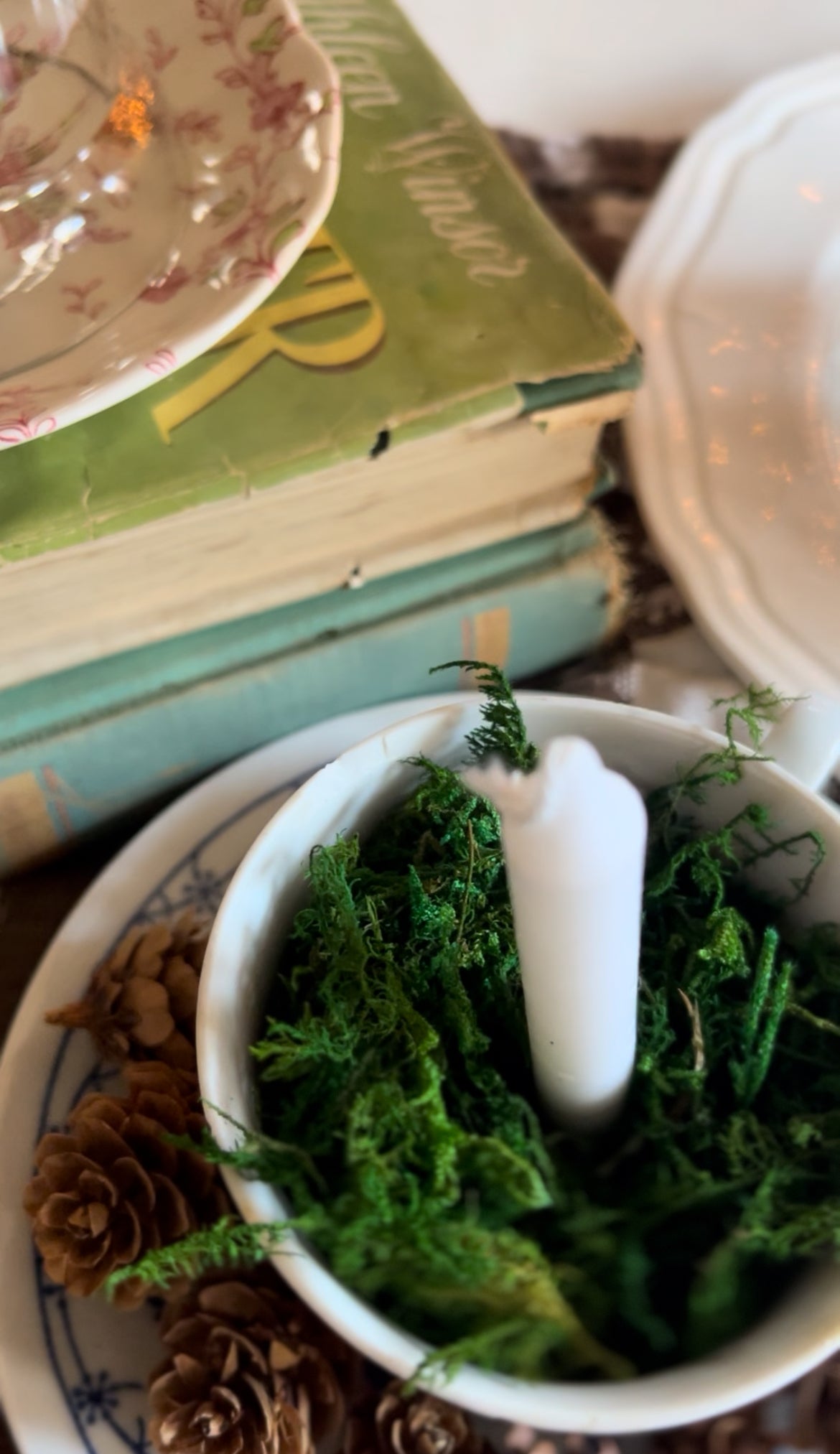 Baruether Indischblau Moss Candle Teacup and Saucer with Pinecones (4 available)