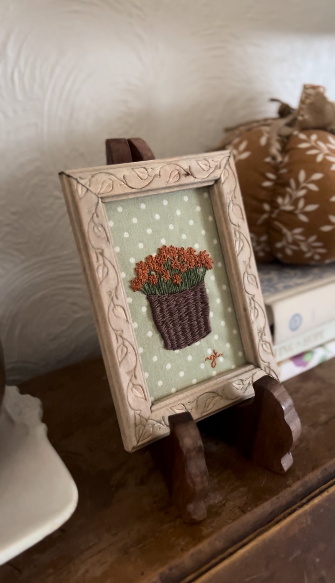 Rust-Colored Mum in Basket Embroidery in Hand-made Wooden Frame
