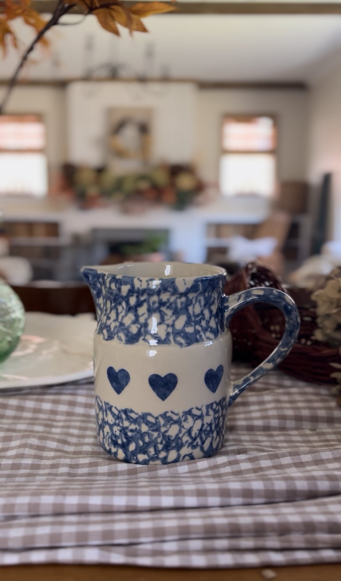 Blue and White Heart Pitcher made in Roseville Ohio