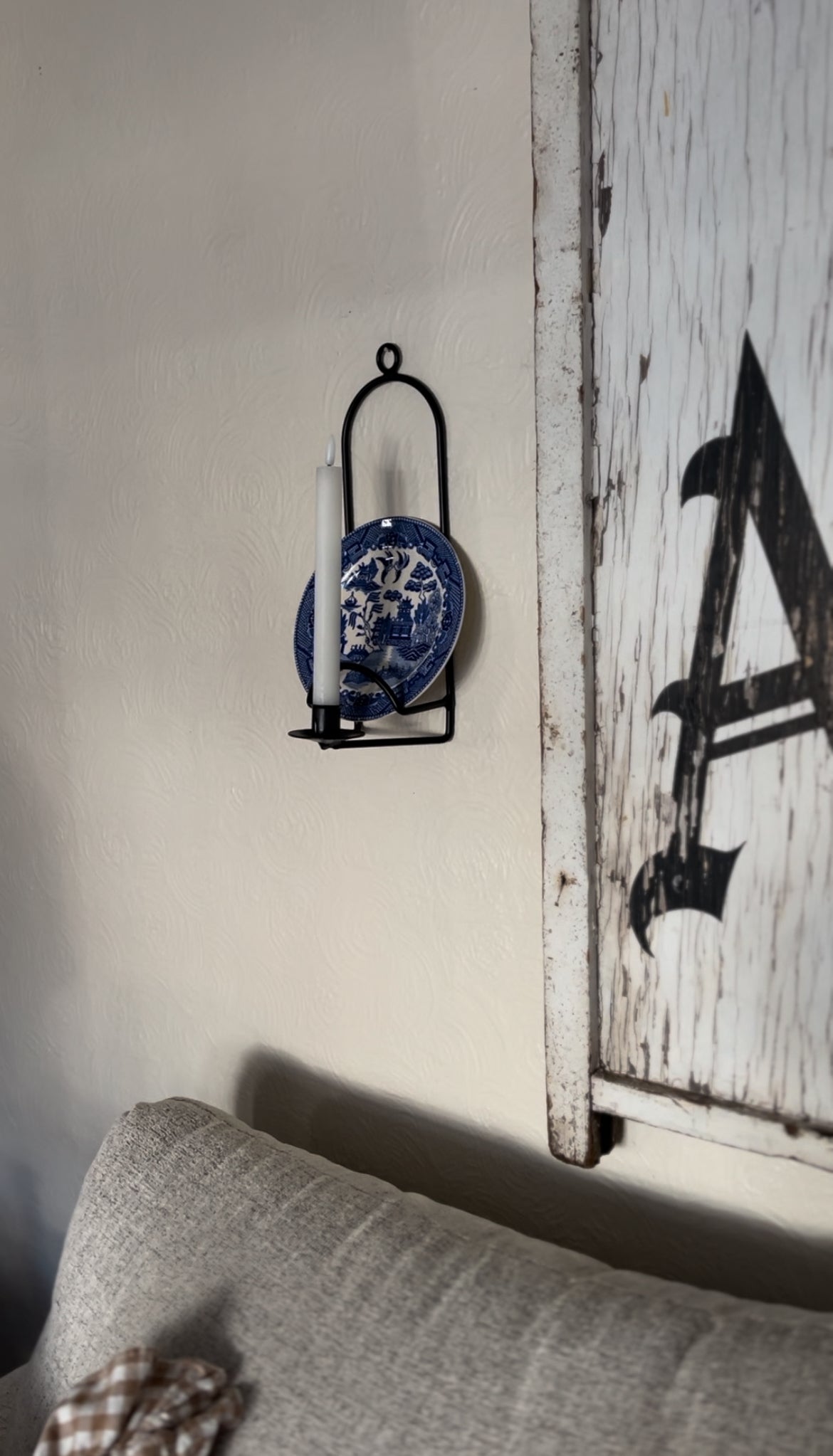Set of Two Black Metal Plate Holder Sconces with Blue Willow Plates (*candle not included)