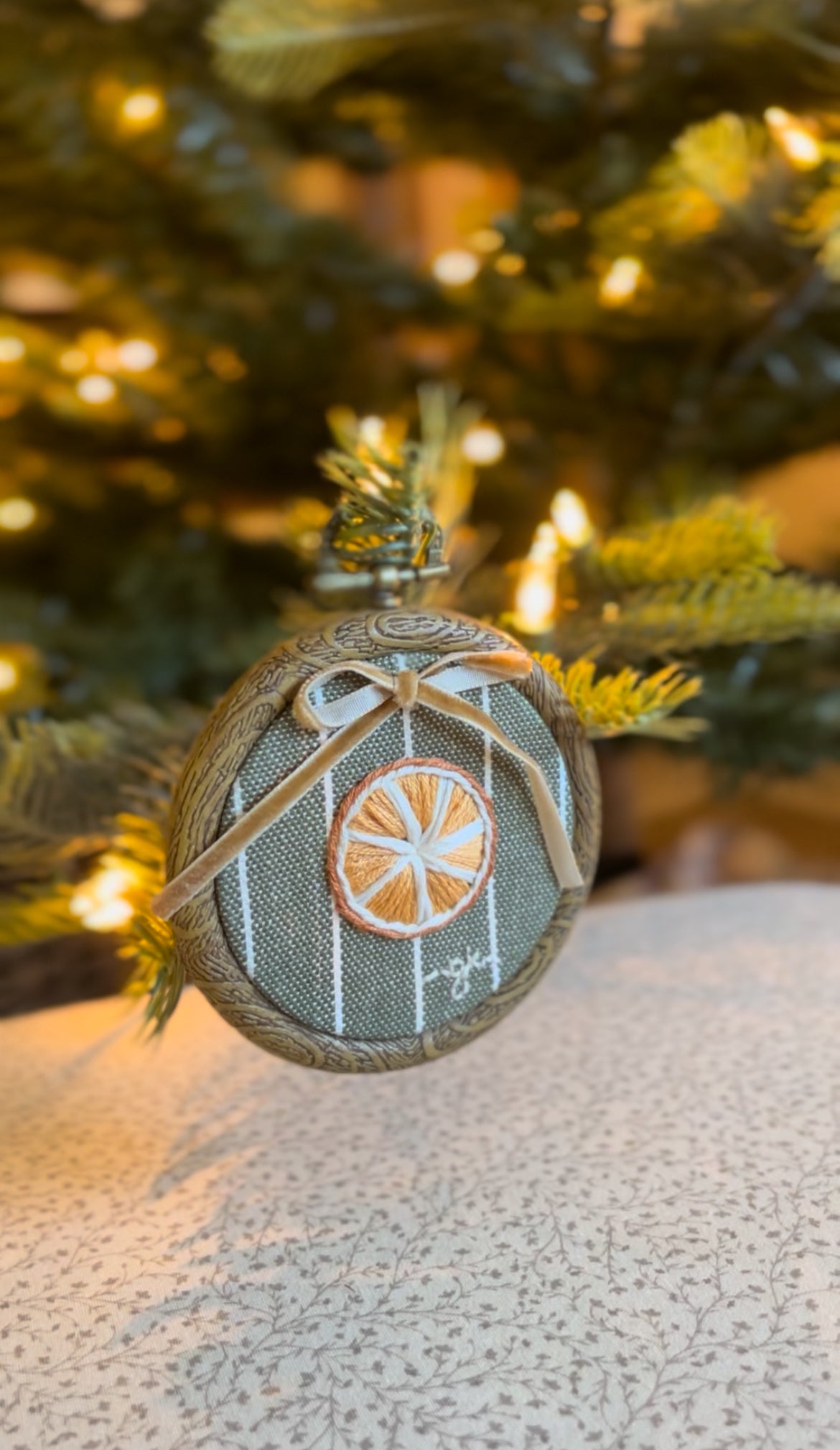 Small Dried Orange Green Striped Embroidery Ornament