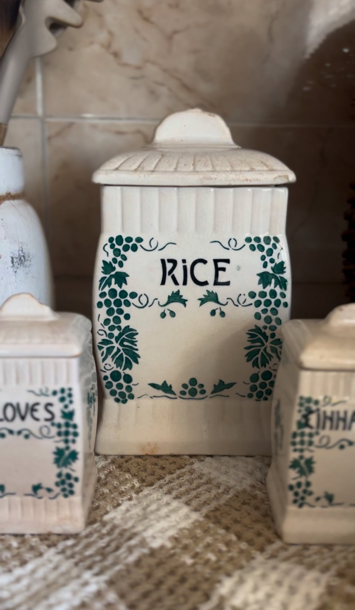 Ceramic Canister Set made in Germany (ginger sold. Rice, cloves, and cinnamon left)