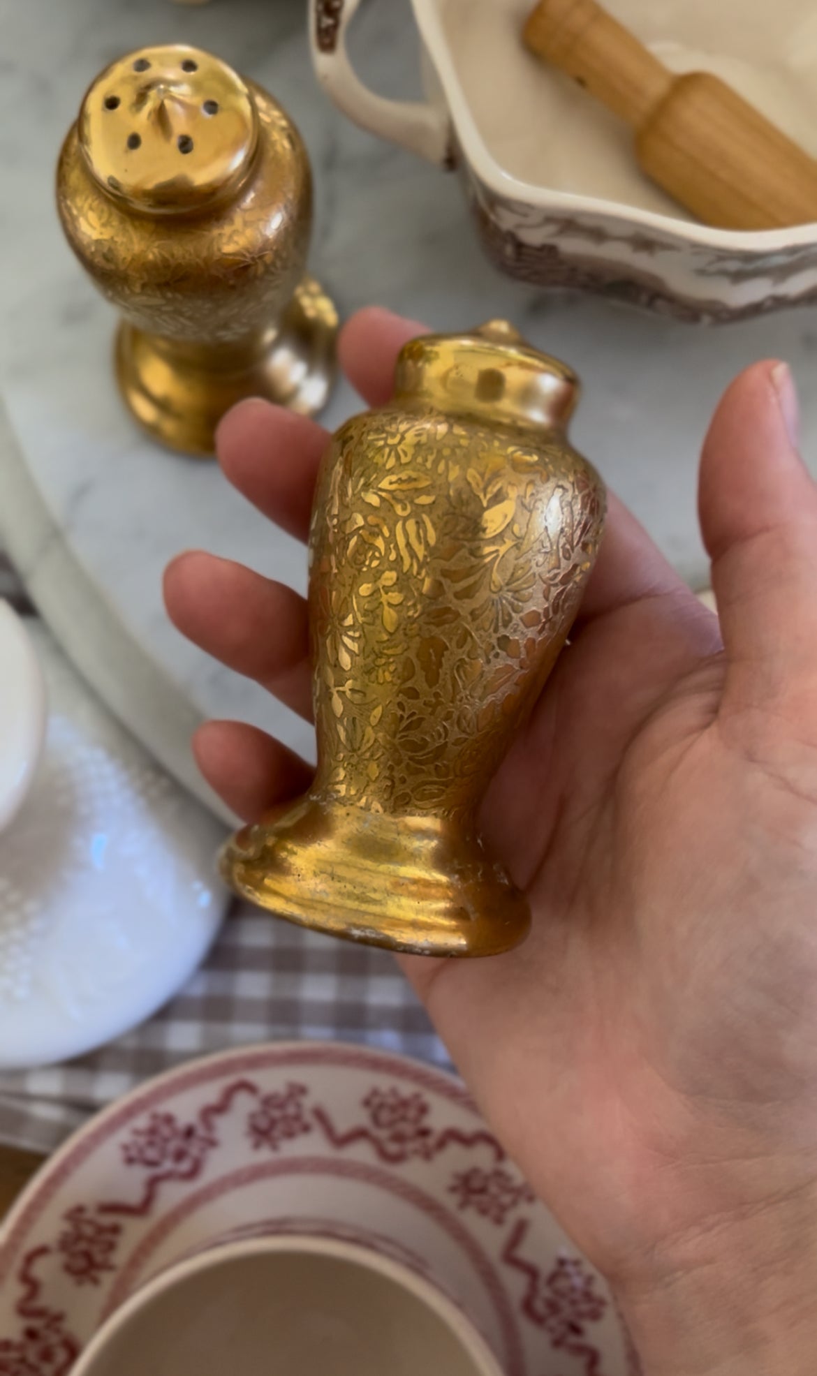 Vintage Pickard Rose and Daisy Gold Porcelain Salt & Pepper Shakers