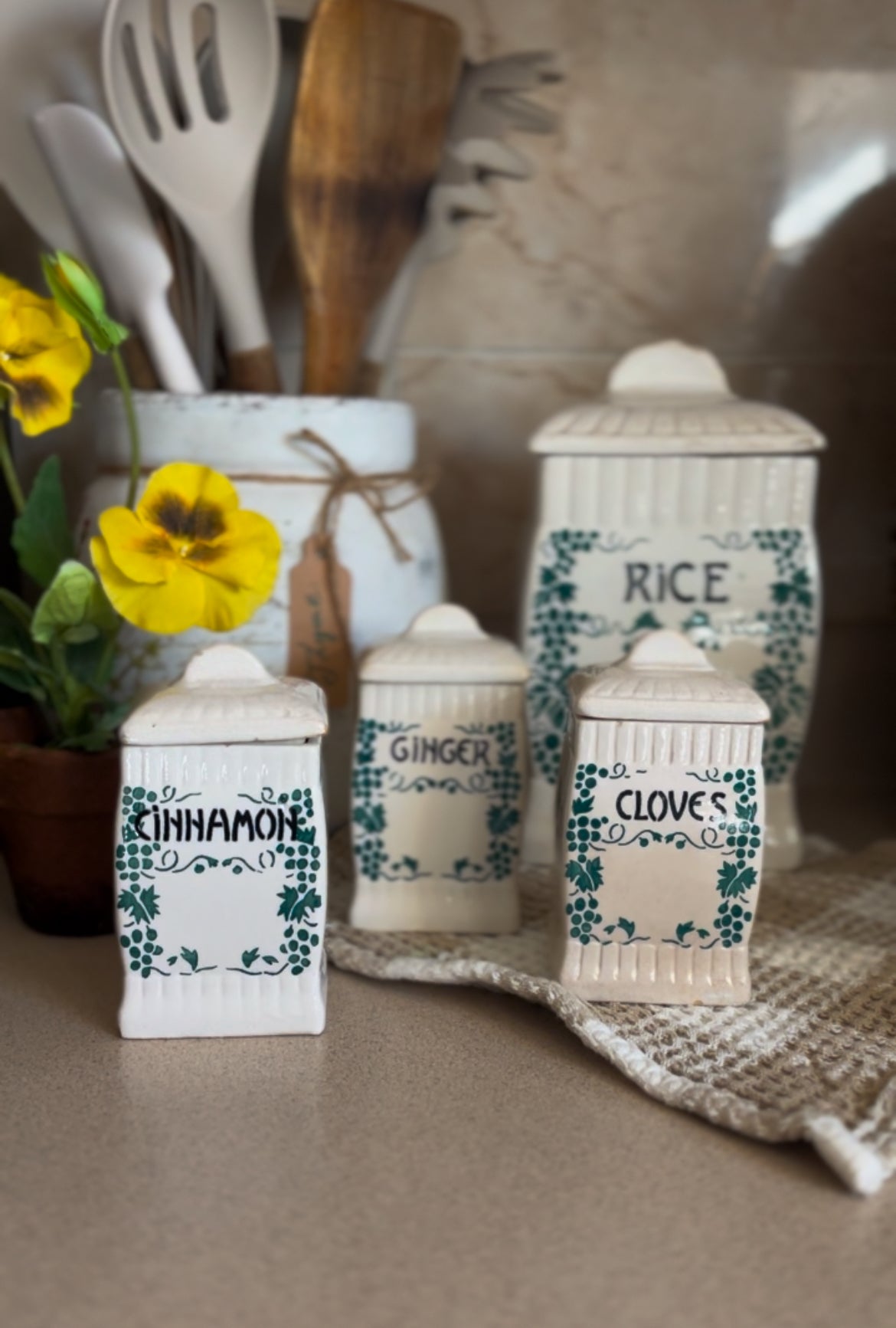 Ceramic Canister Set made in Germany (ginger sold. Rice, cloves, and cinnamon left)