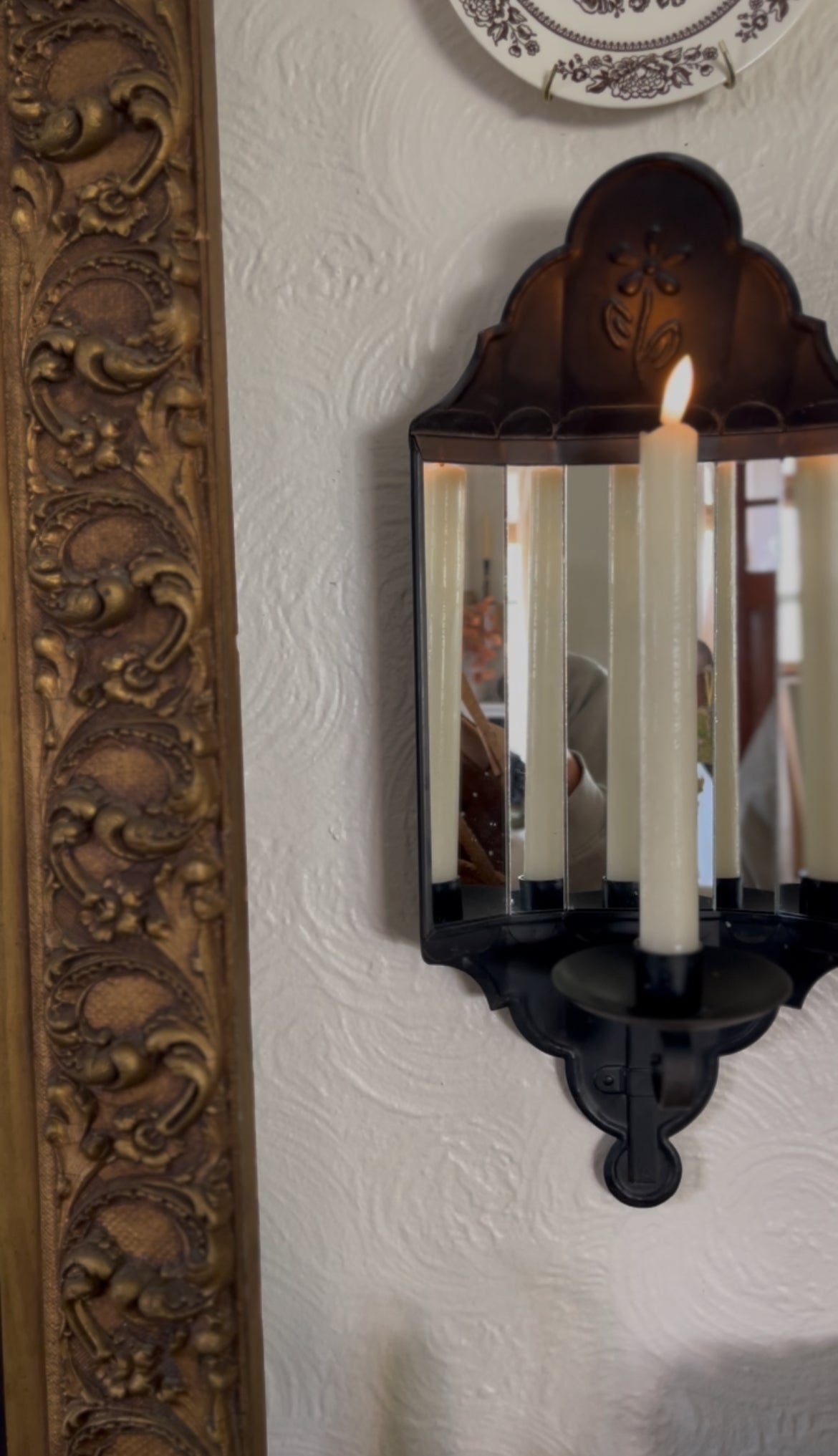 Primitive Black Metal Glass Backing Candle Sconce