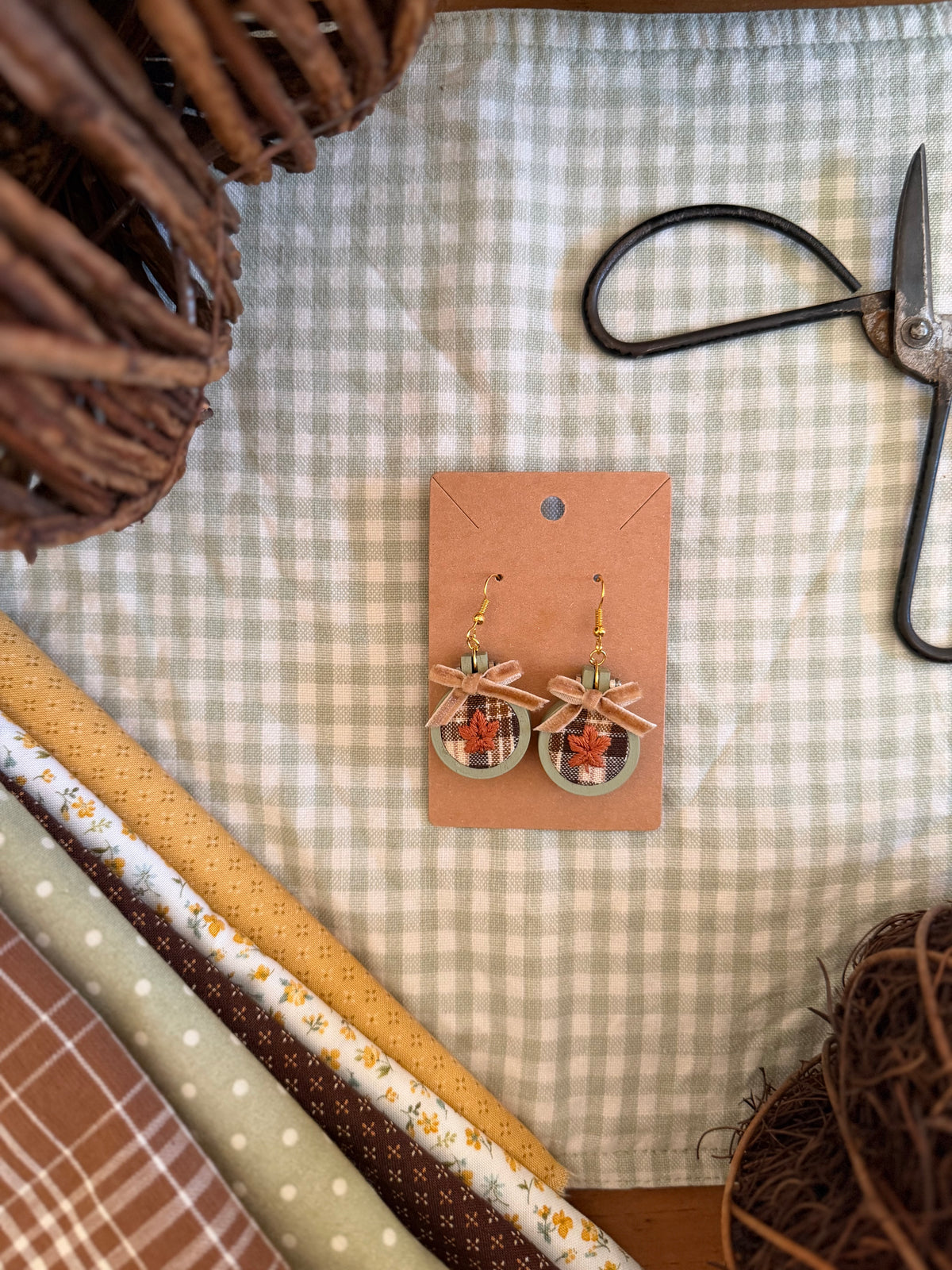 Maple Leaf on Brown Flannel Fabric Embroidery Earrings