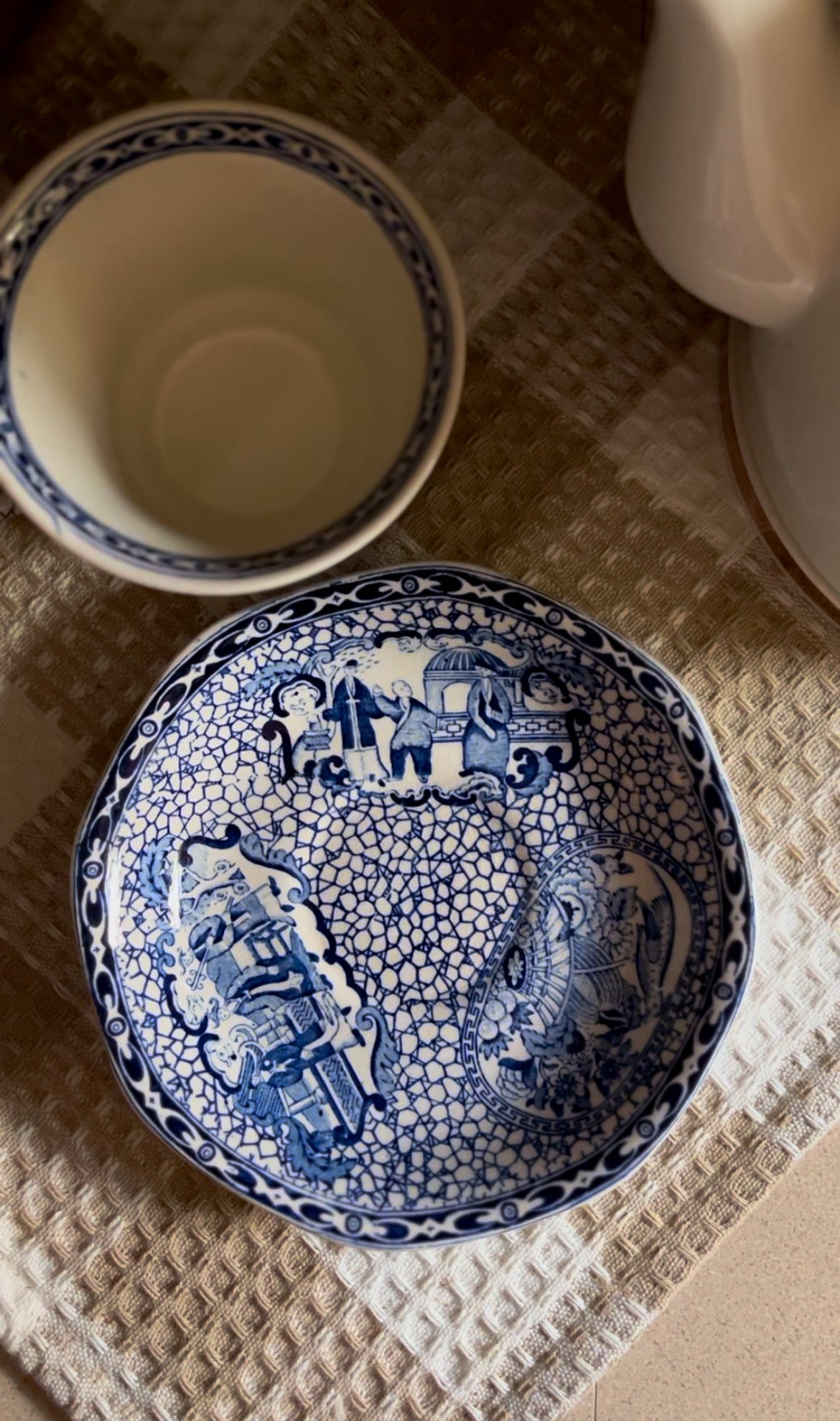 Vintage William Adams Blue and White English Teacup and Saucer with the Chinese Bird Pattern (3 left)