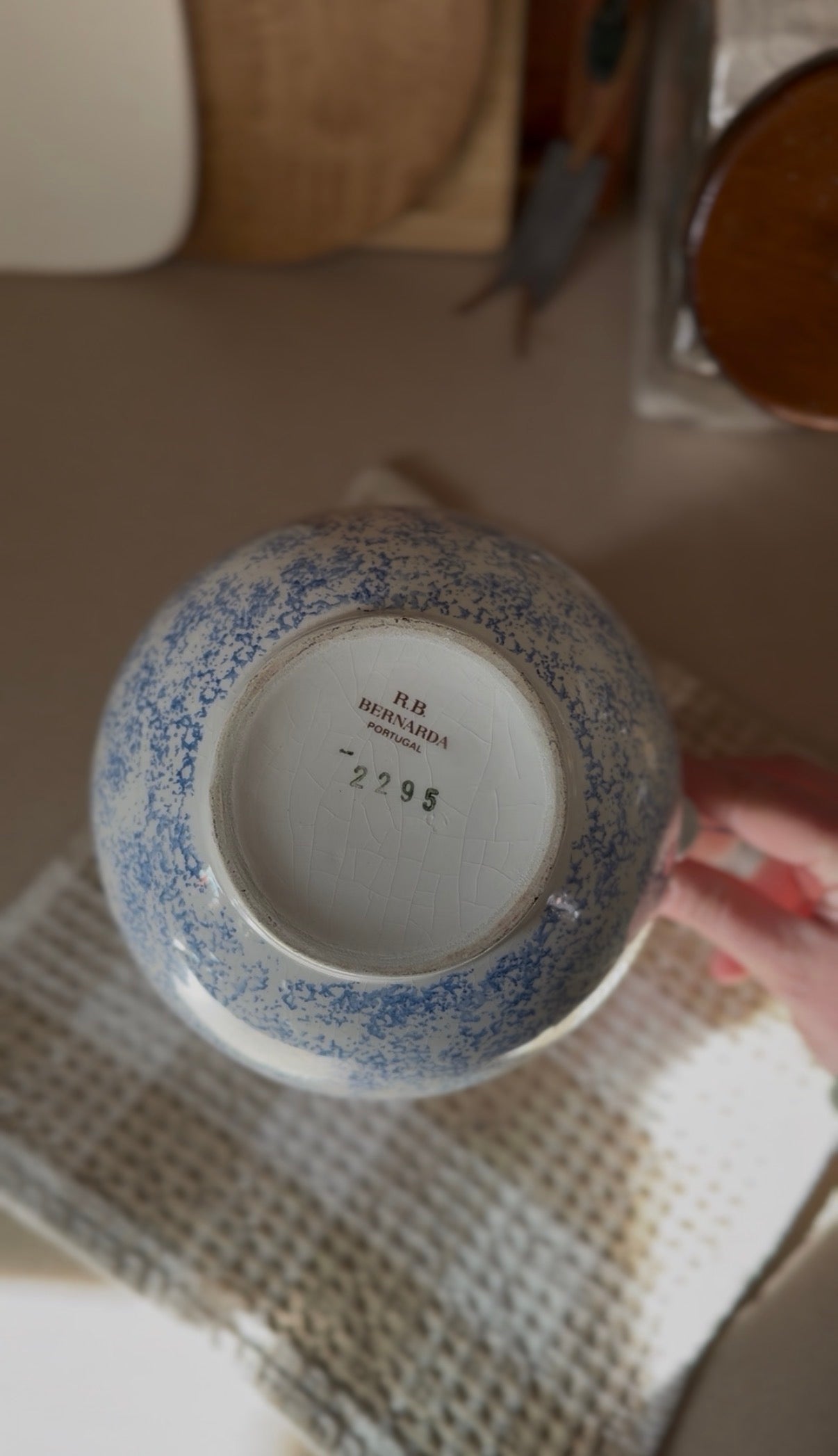 Vintage R.B. Bernarda Portuguese Pottery Blue Sponged Heart Pitcher