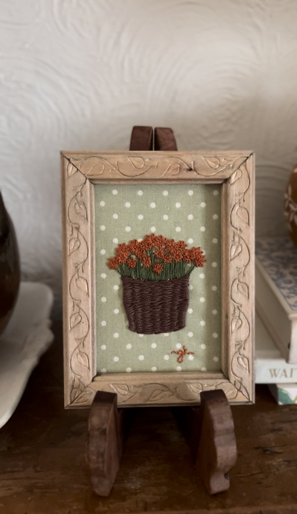 Rust-Colored Mum in Basket Embroidery in Hand-made Wooden Frame