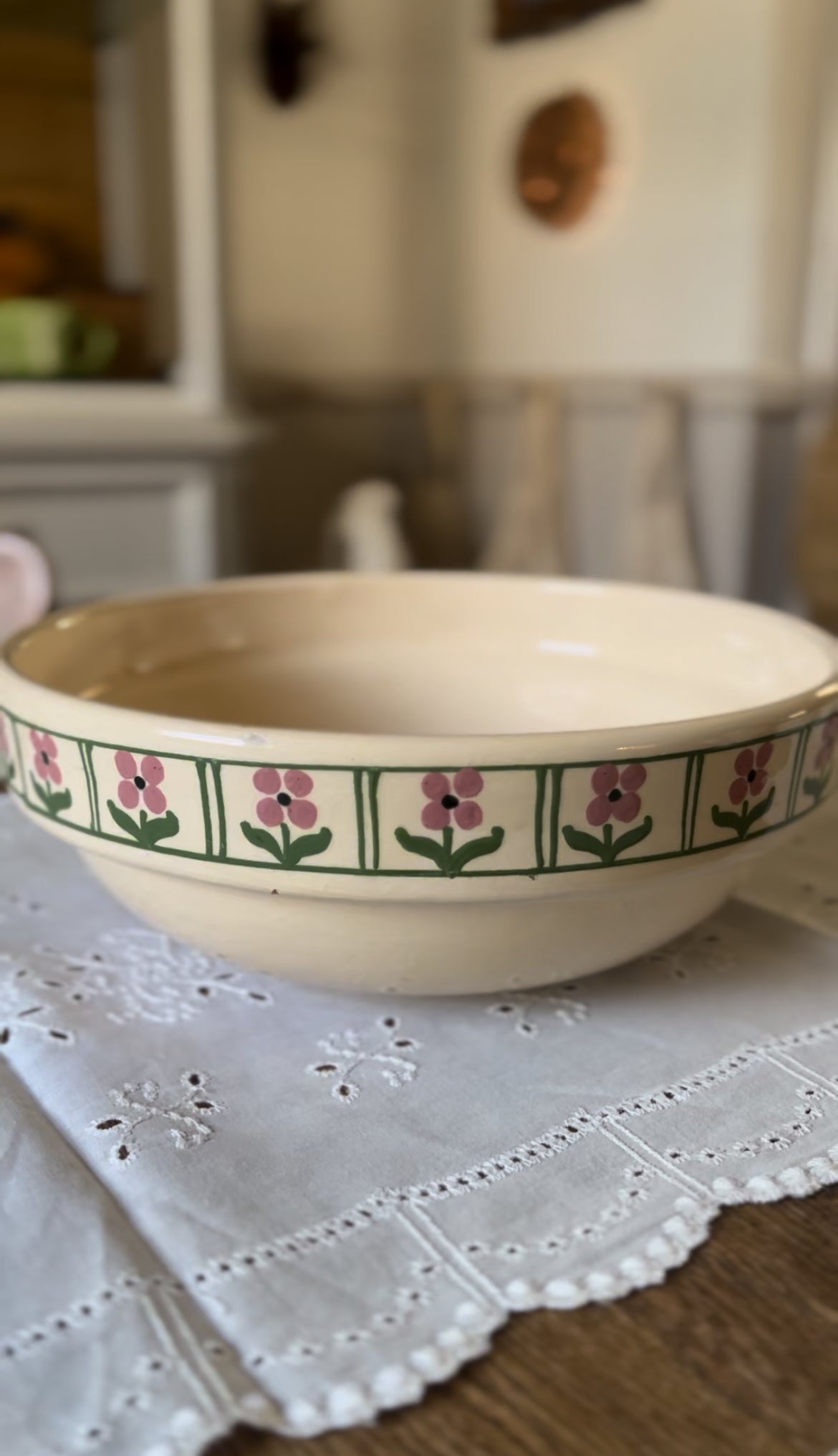 Hungarian Slipware Pottery Mixing Bowl with Pink Floral Rim