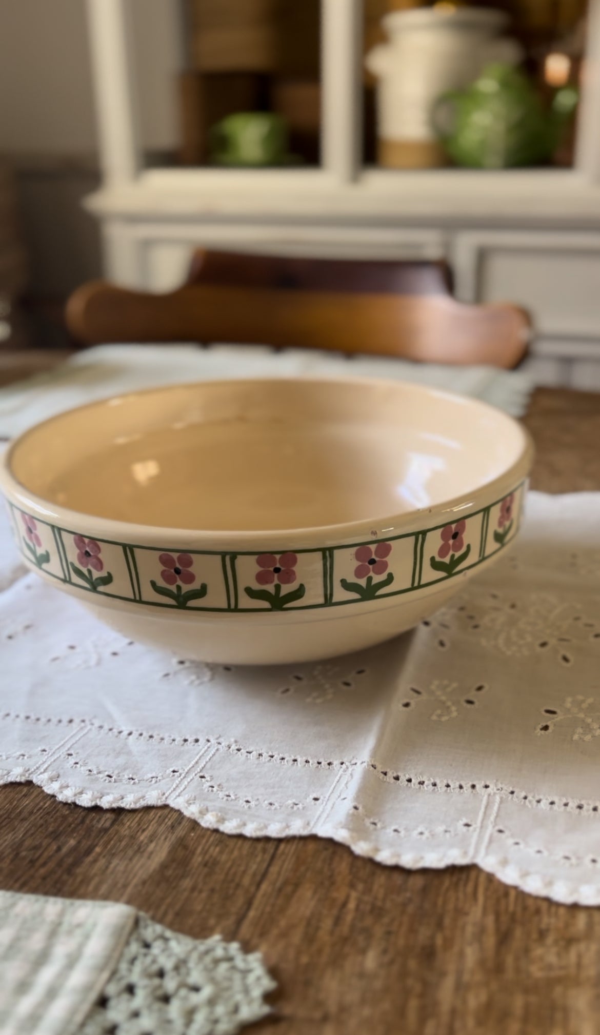 Hungarian Slipware Pottery Mixing Bowl with Pink Floral Rim