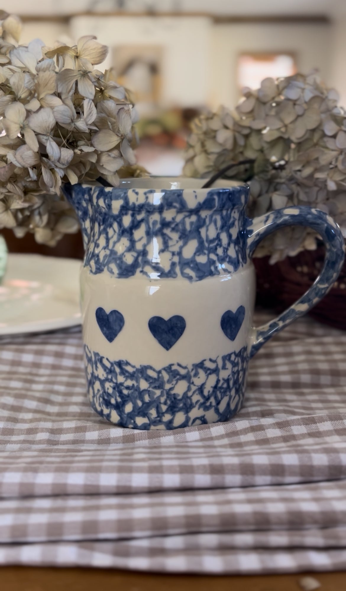 Blue and White Heart Pitcher made in Roseville Ohio