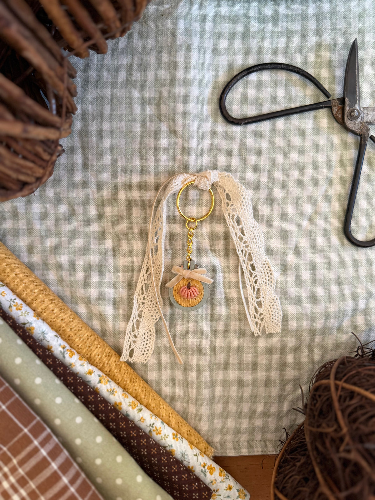 Pumpkin on Yellow Fabric Embroidery Keychain
