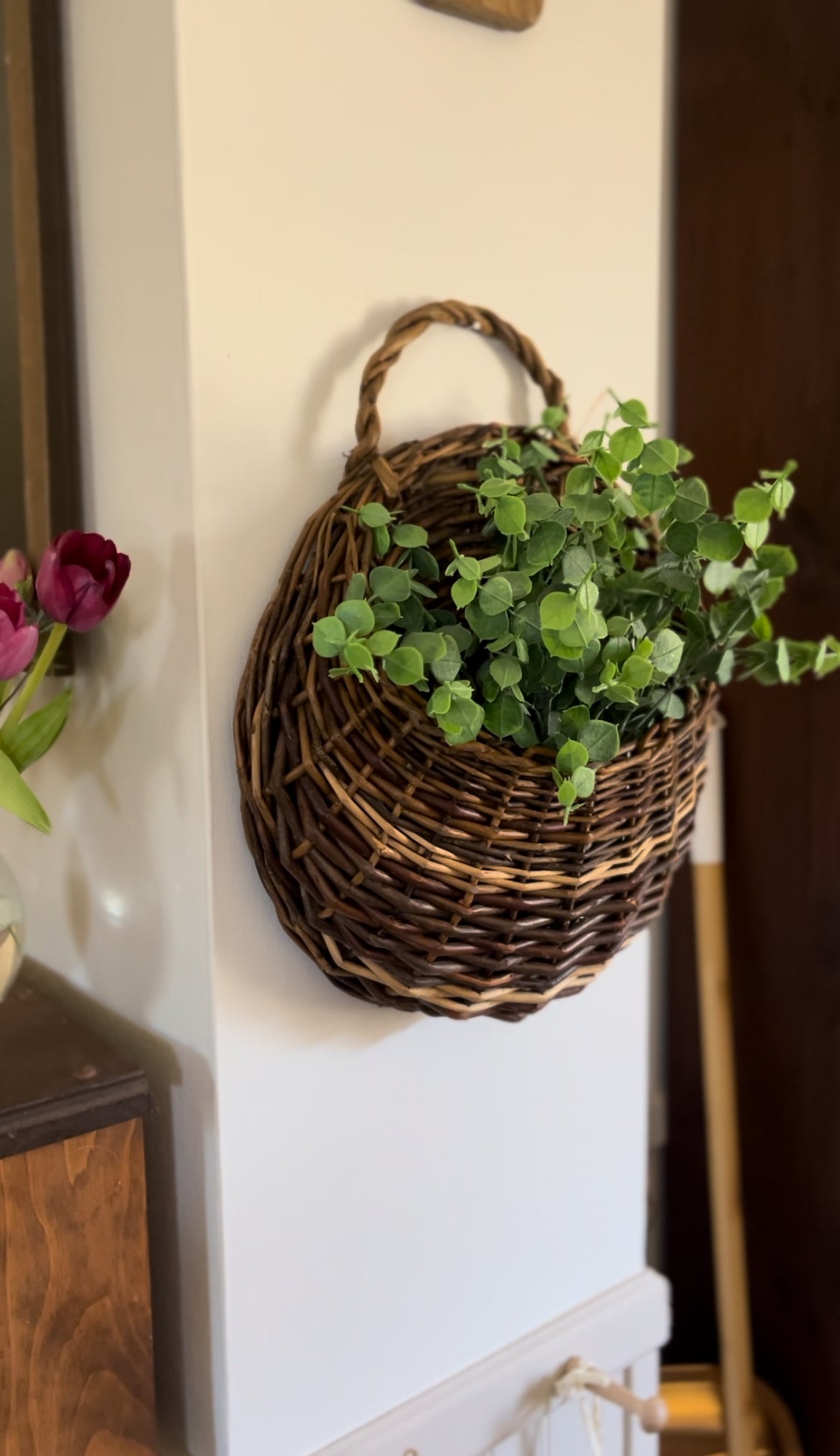 Large Two-Toned Woven Stick Hanging Basket (greenery included)