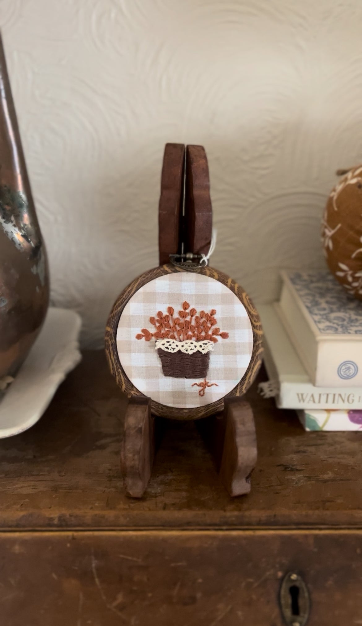 Small Basket of Fall Leaves on Gingham Fabric Embroidery Magnet