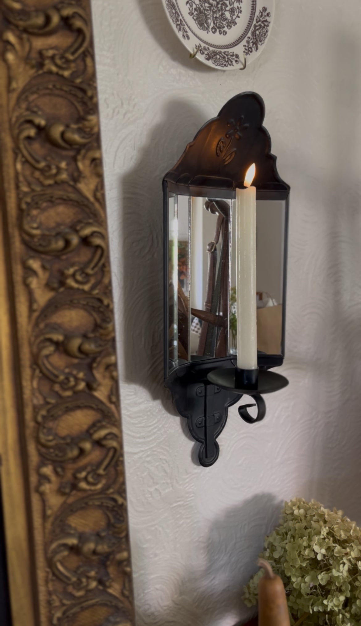 Primitive Black Metal Glass Backing Candle Sconce
