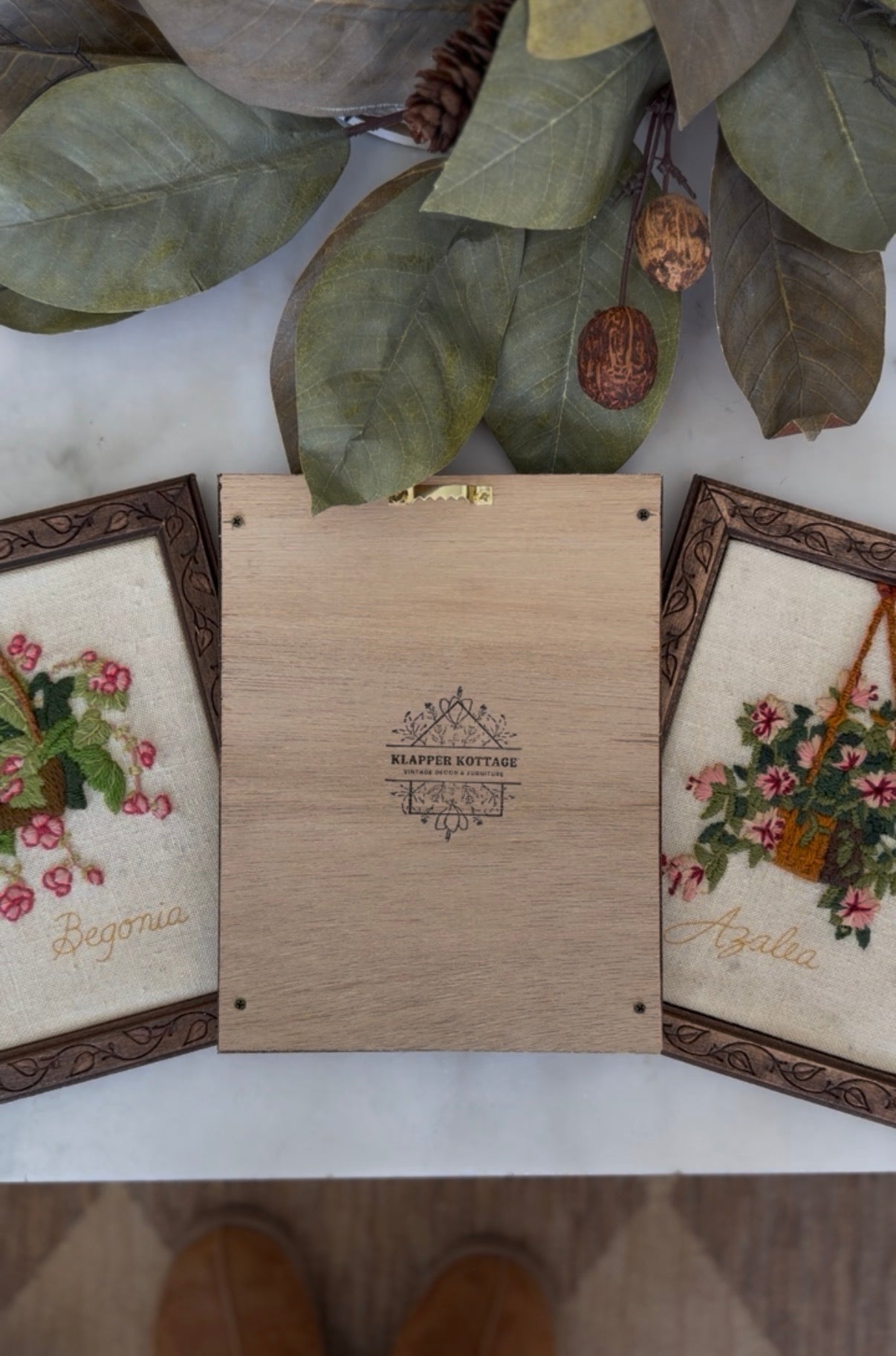 Embroidered Hanging Baskets in Handmade Wooden Frames