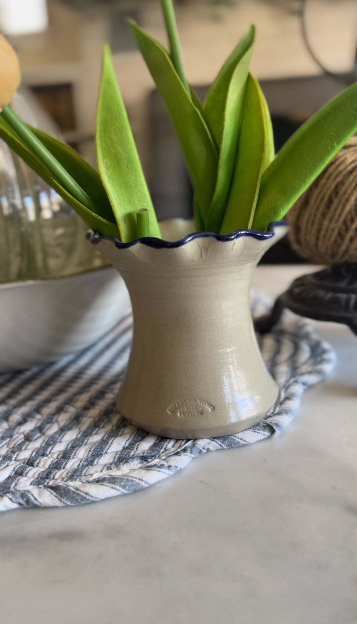 Williamsburg Pottery Blue Flower Ruffle Stoneware Vase (flowers not included)