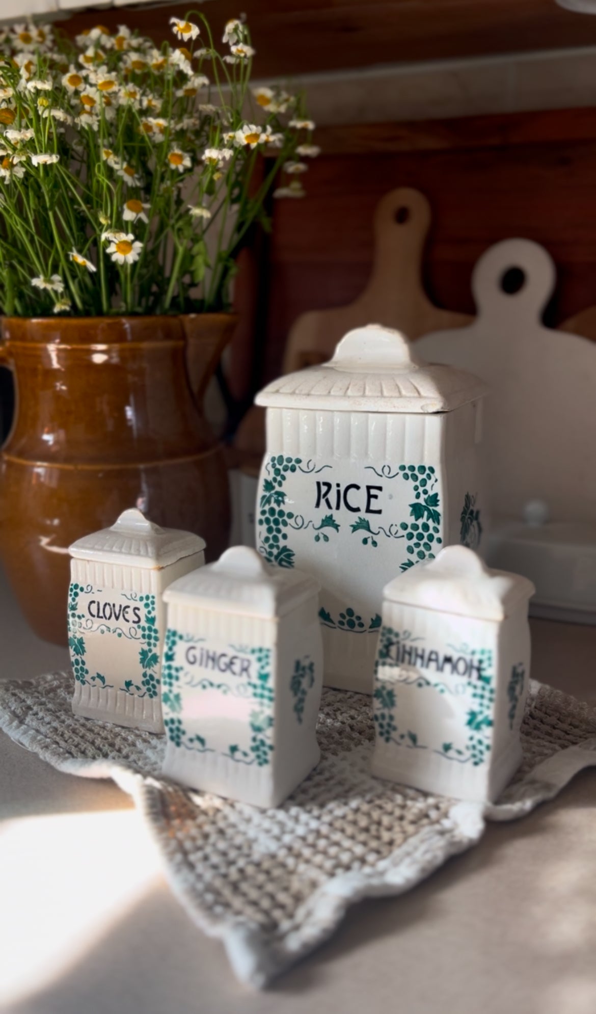 Ceramic Canister Set made in Germany (ginger sold. Rice, cloves, and cinnamon left)