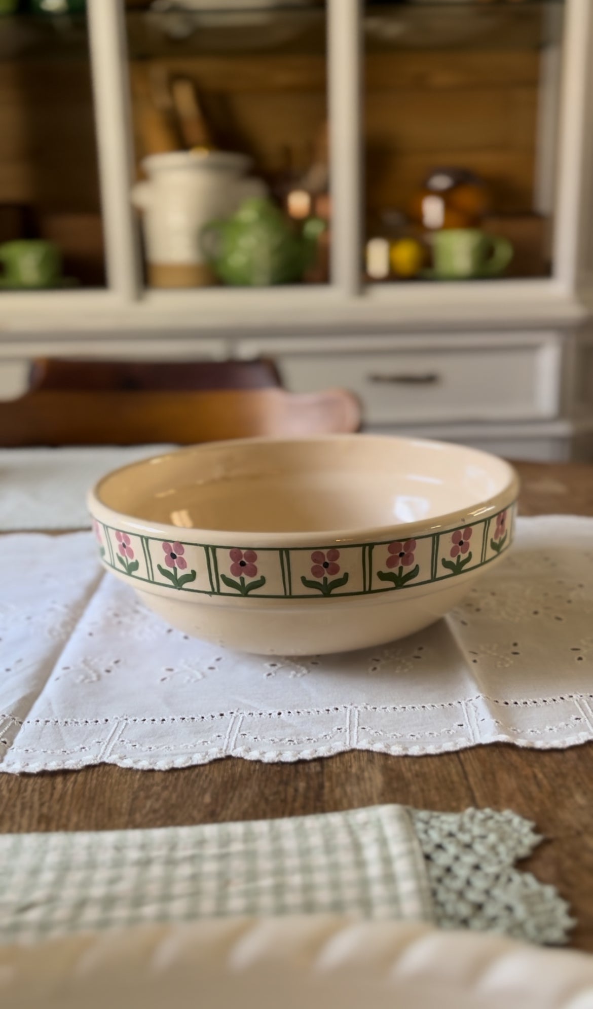 Hungarian Slipware Pottery Mixing Bowl with Pink Floral Rim