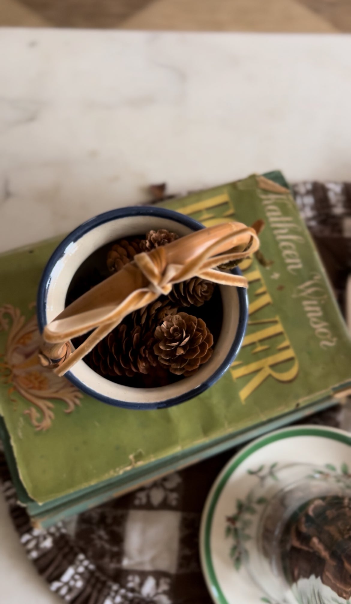 Blue Striped Pottery Basket with Bamboo Handle (ribbon and pinecones included)