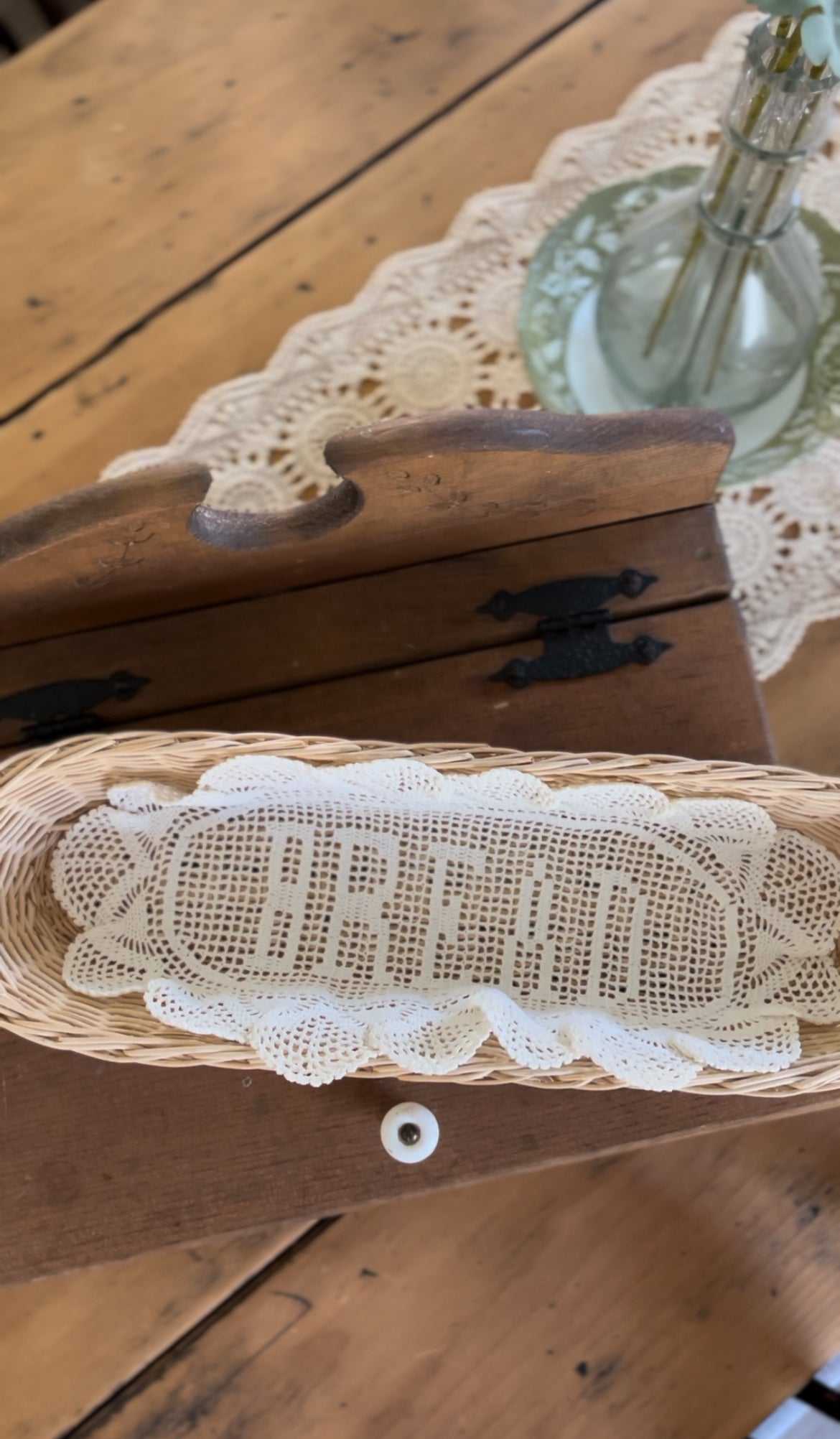 Wicker Bread Basket with Crocheted Bread Doily