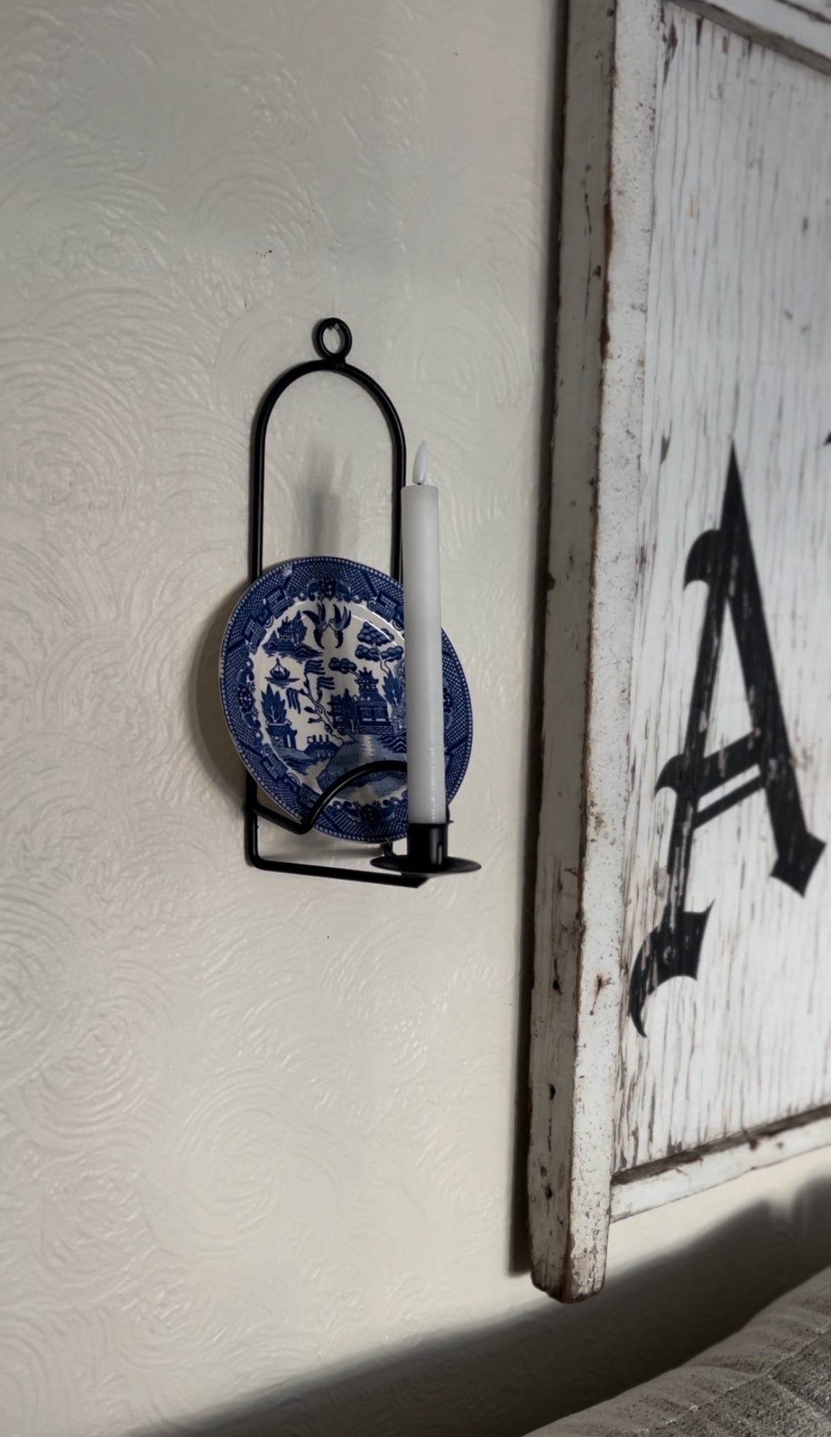Set of Two Black Metal Plate Holder Sconces with Blue Willow Plates (*candle not included)