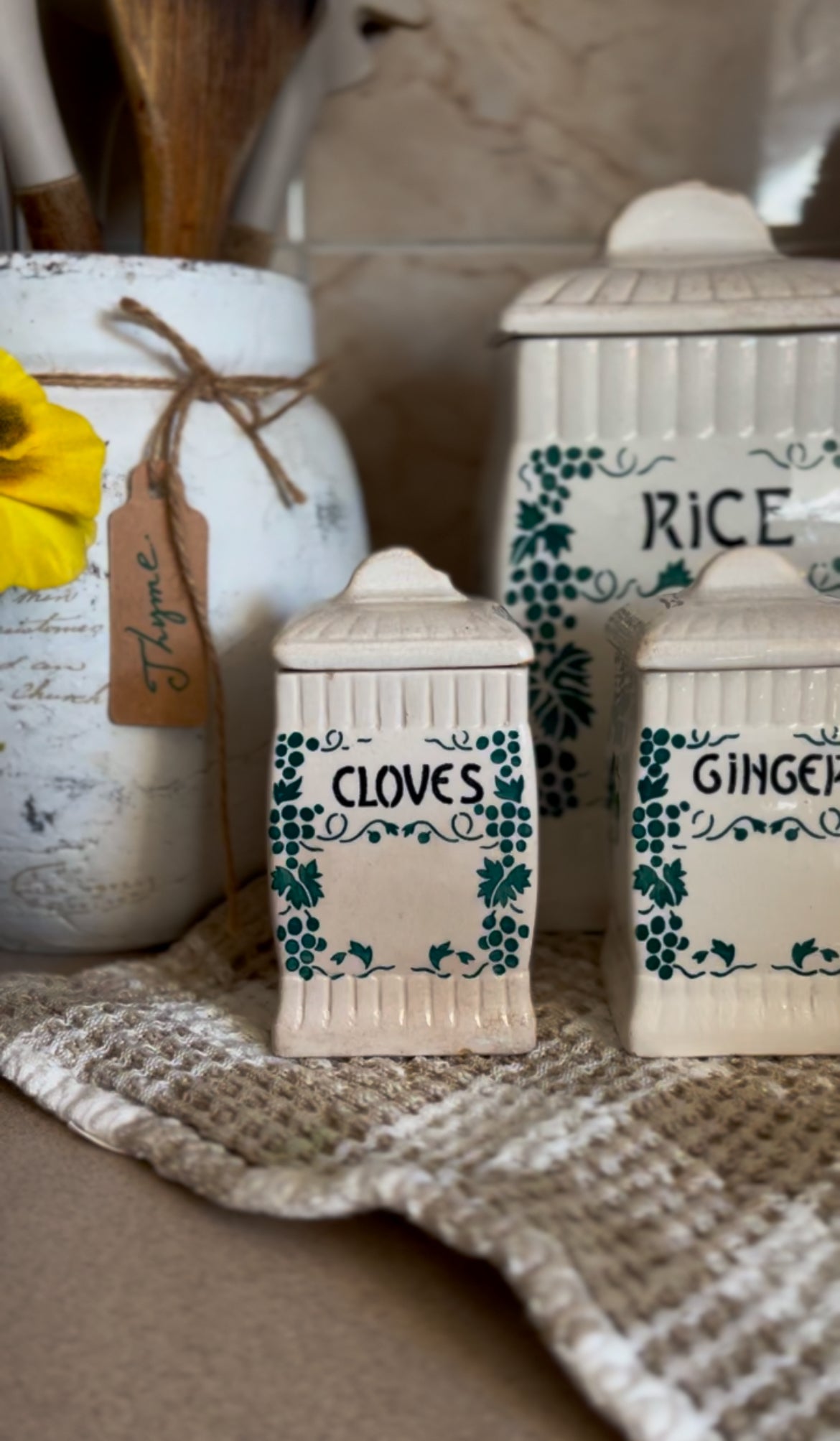 Ceramic Canister Set made in Germany (ginger sold. Rice, cloves, and cinnamon left)