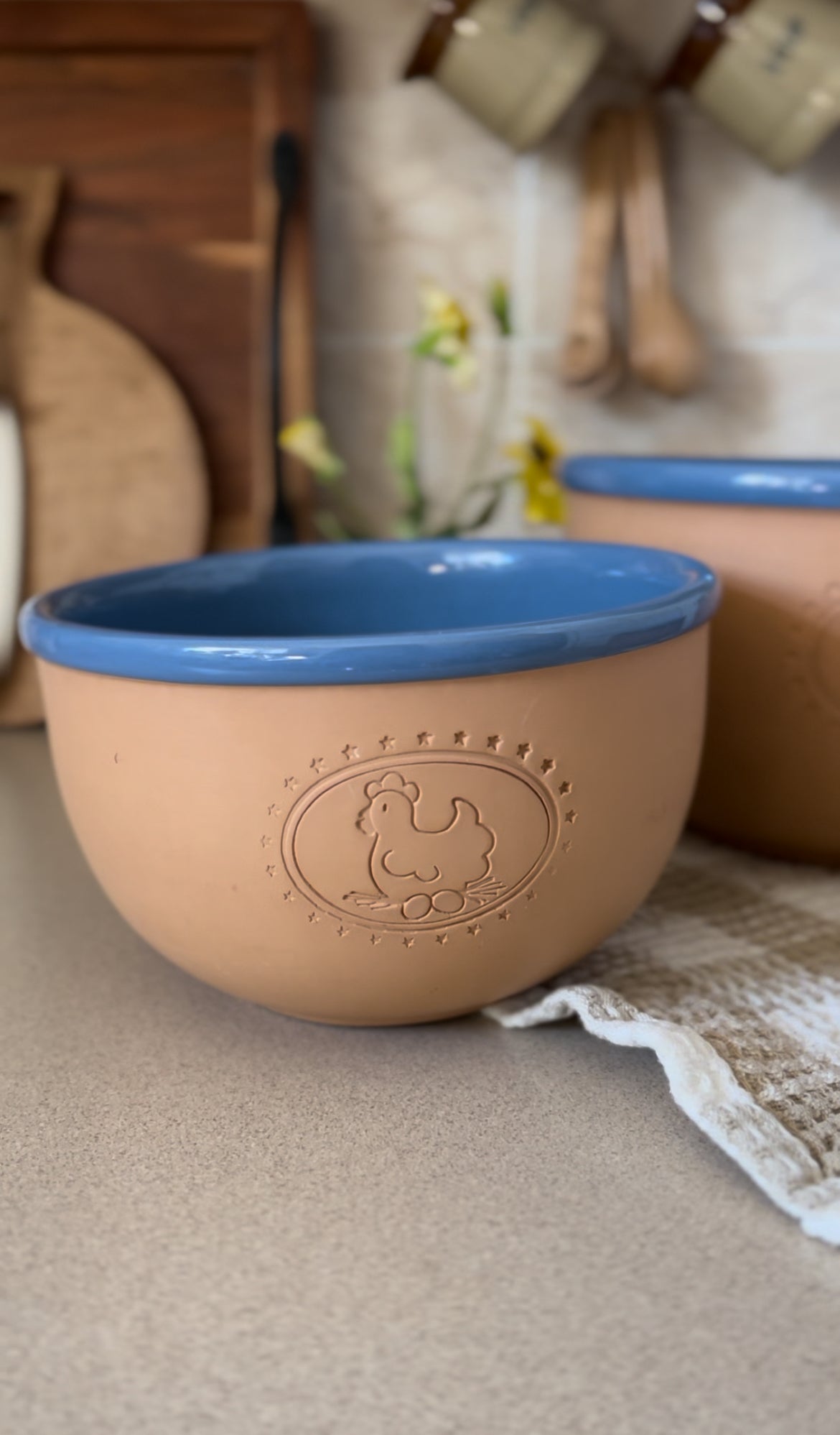 Set of 3 Blue Glazed Terracotta Nested Mixing Bowls with Farm Animal Etchings - made in Italy