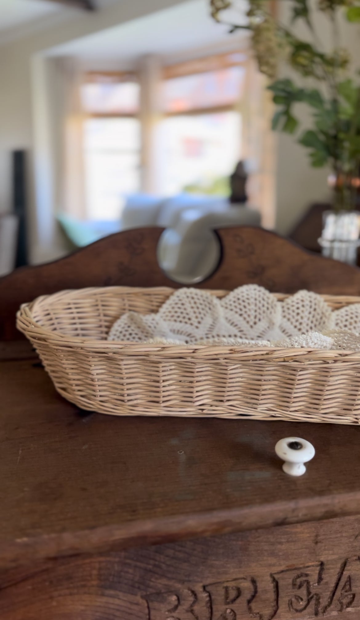 Wicker Bread Basket with Crocheted Bread Doily