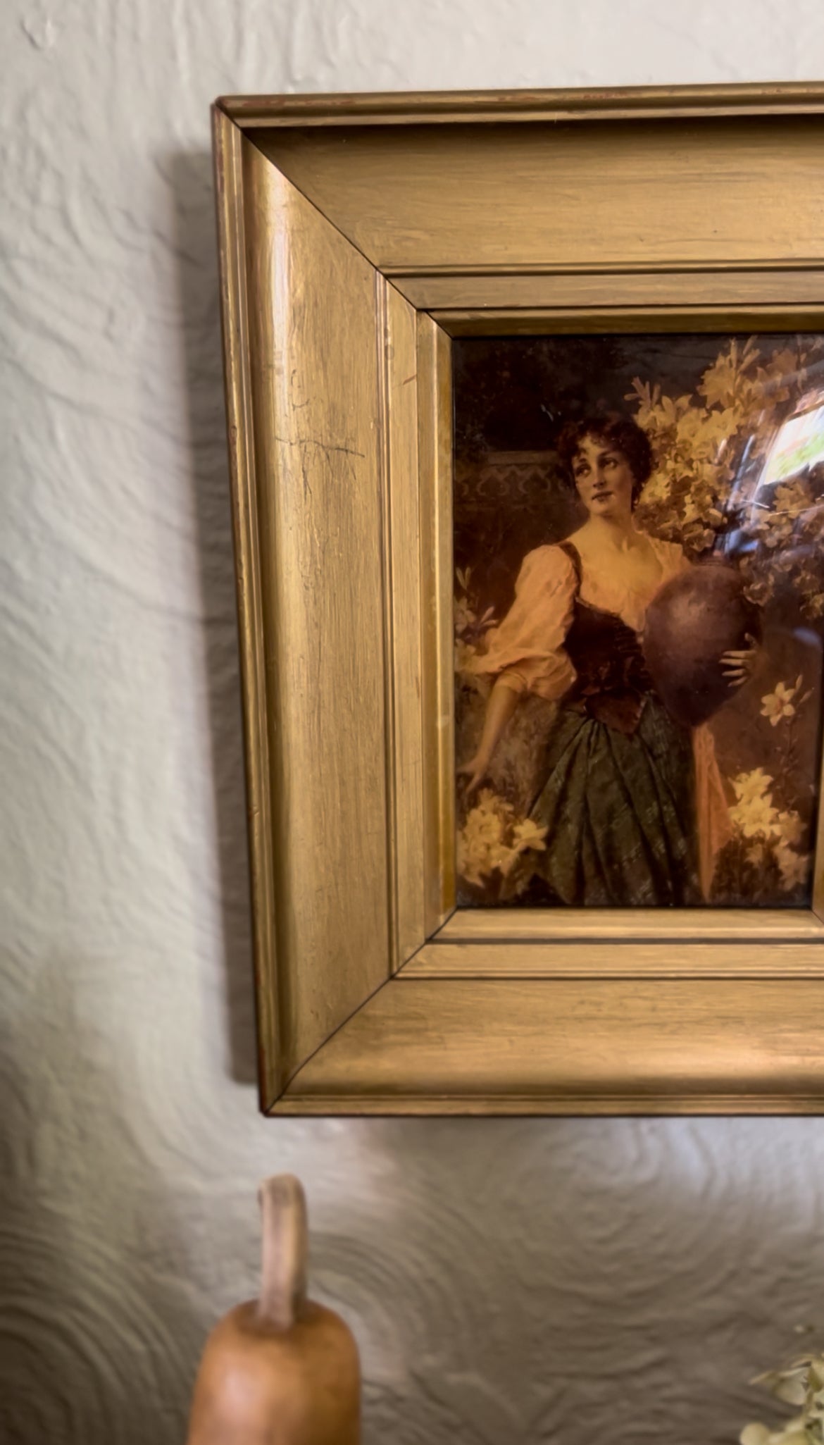 L Rudolph Rochefort Restored Portrait of Woman Holding Vase of Flowers in a Gold-painted Wooden Frame