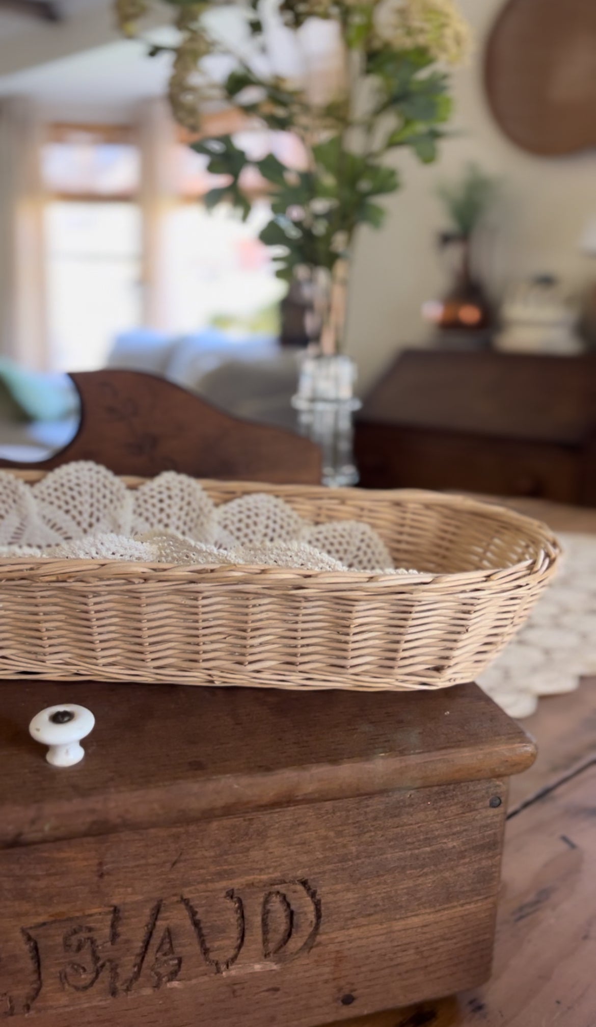 Wicker Bread Basket with Crocheted Bread Doily