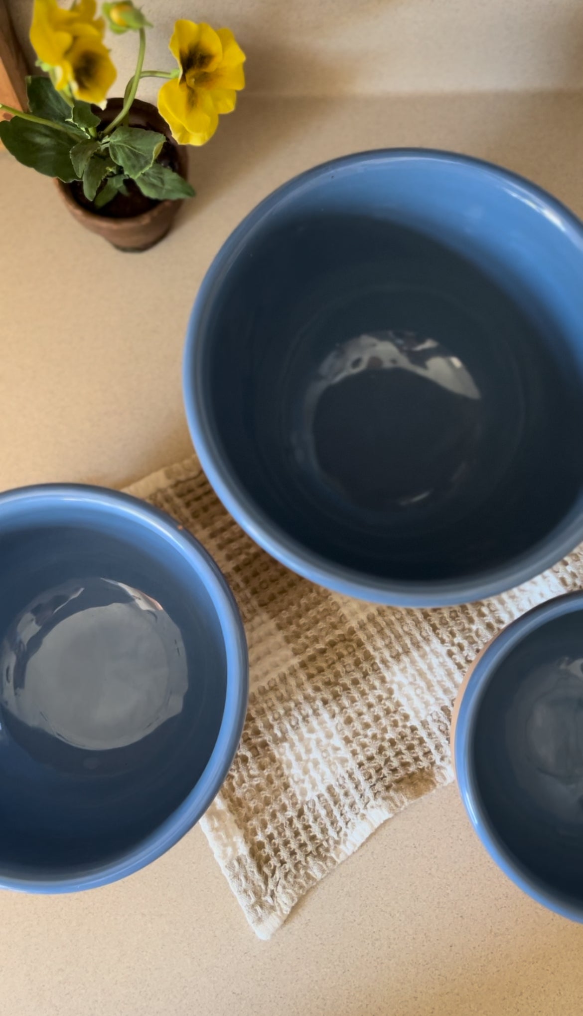 Set of 3 Blue Glazed Terracotta Nested Mixing Bowls with Farm Animal Etchings - made in Italy