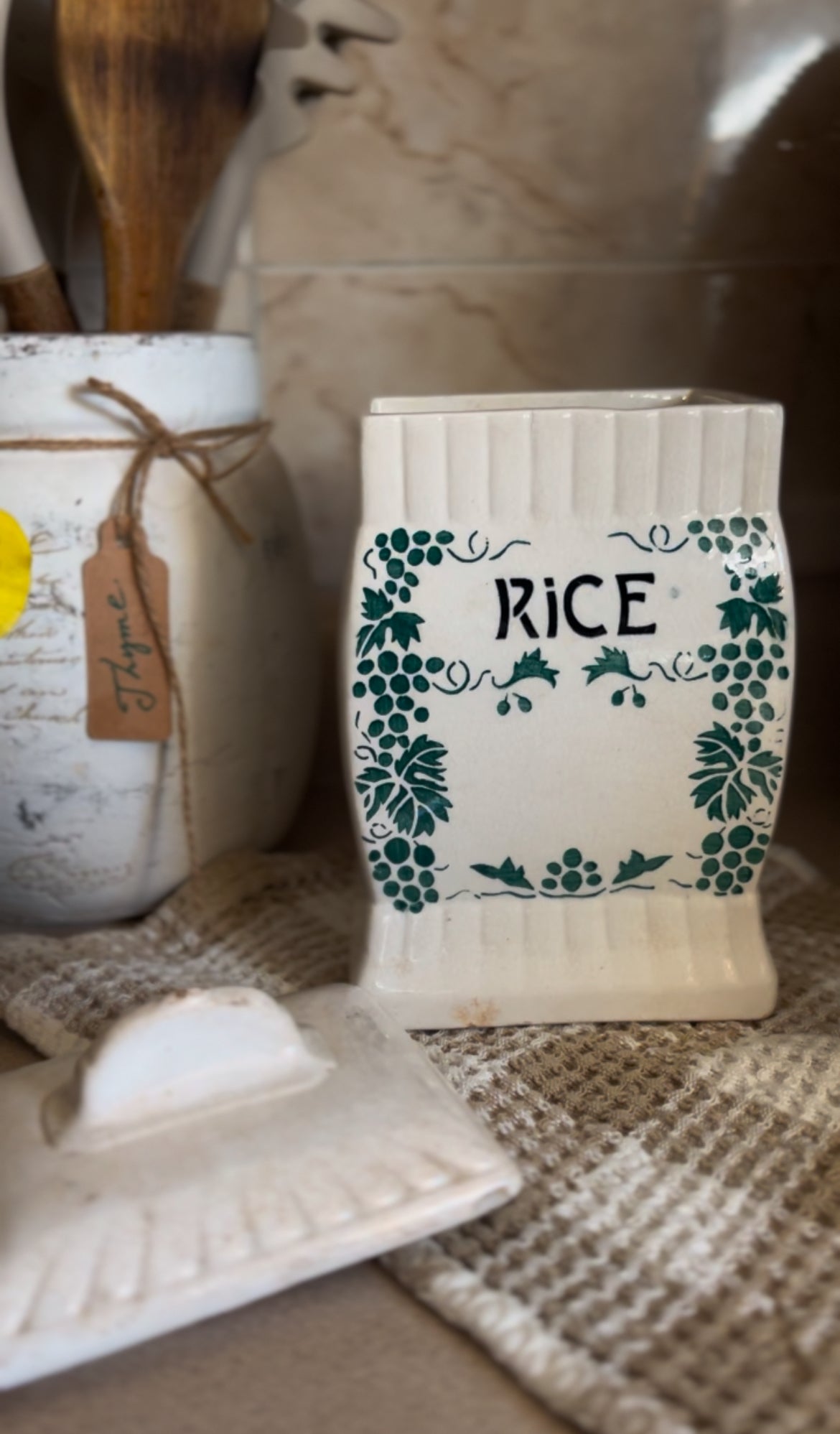 Ceramic Canister Set made in Germany (ginger sold. Rice, cloves, and cinnamon left)