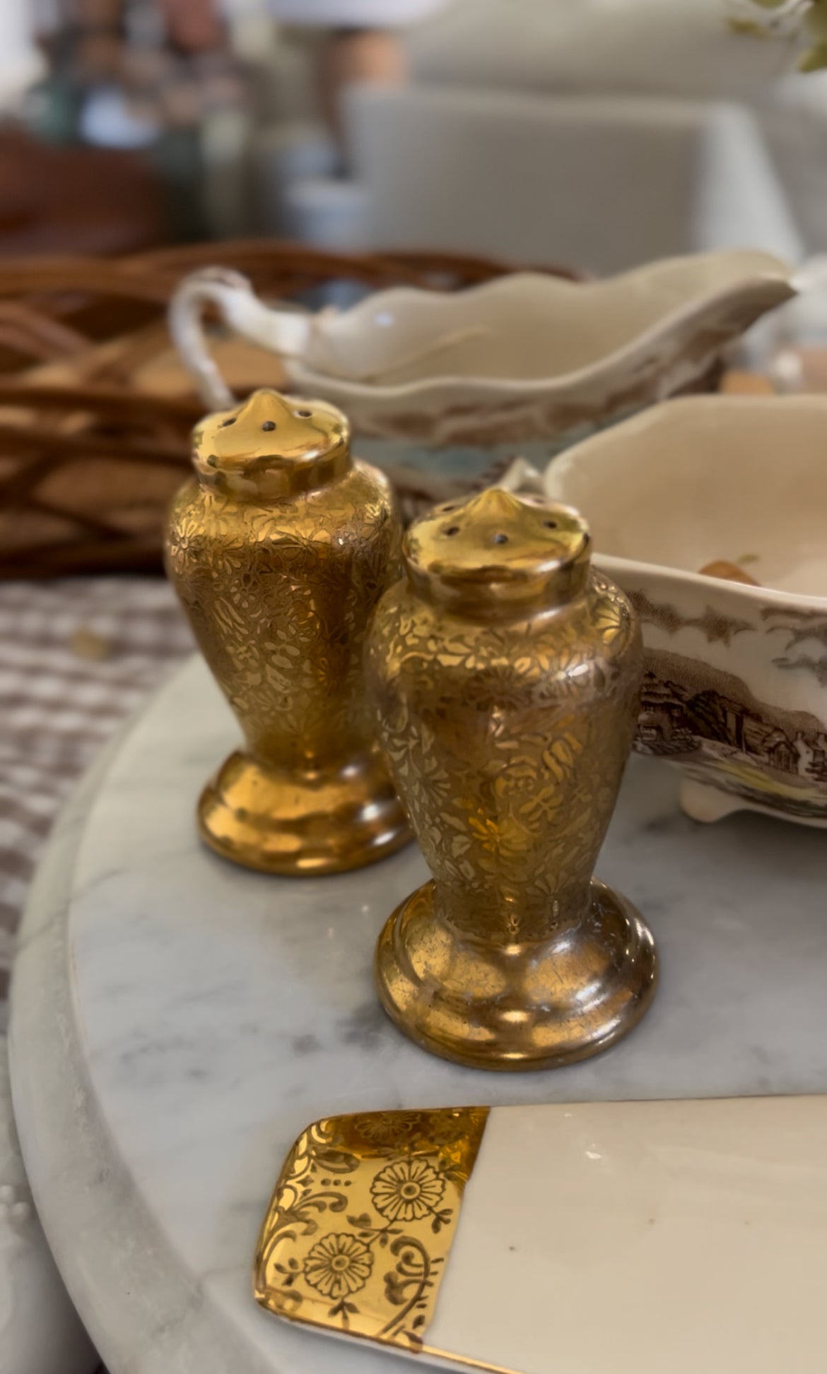 Vintage Pickard Rose and Daisy Gold Porcelain Salt & Pepper Shakers