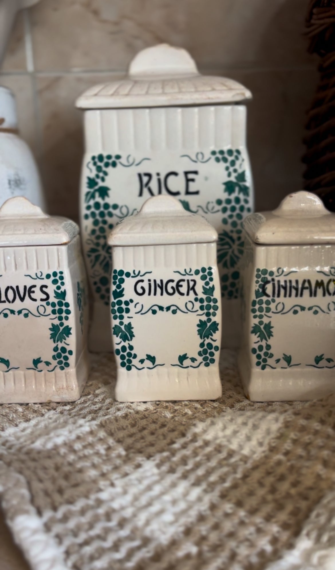 Ceramic Canister Set made in Germany (ginger sold. Rice, cloves, and cinnamon left)
