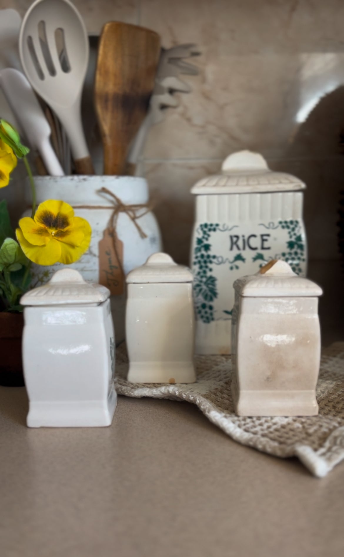 Ceramic Canister Set made in Germany (ginger sold. Rice, cloves, and cinnamon left)