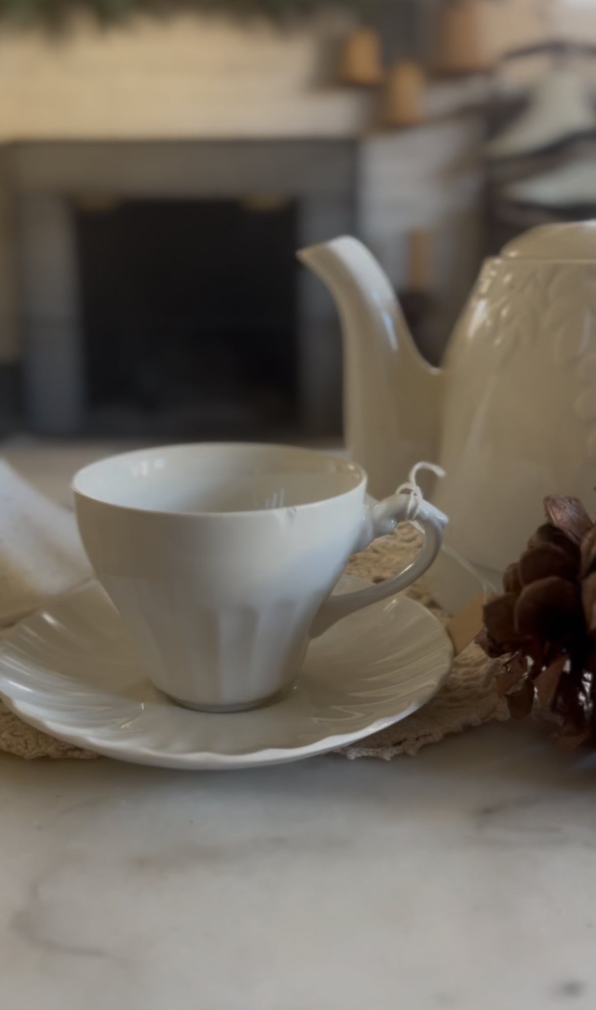 White Ironstone Ribbed Teacup and Saucer (5 left)