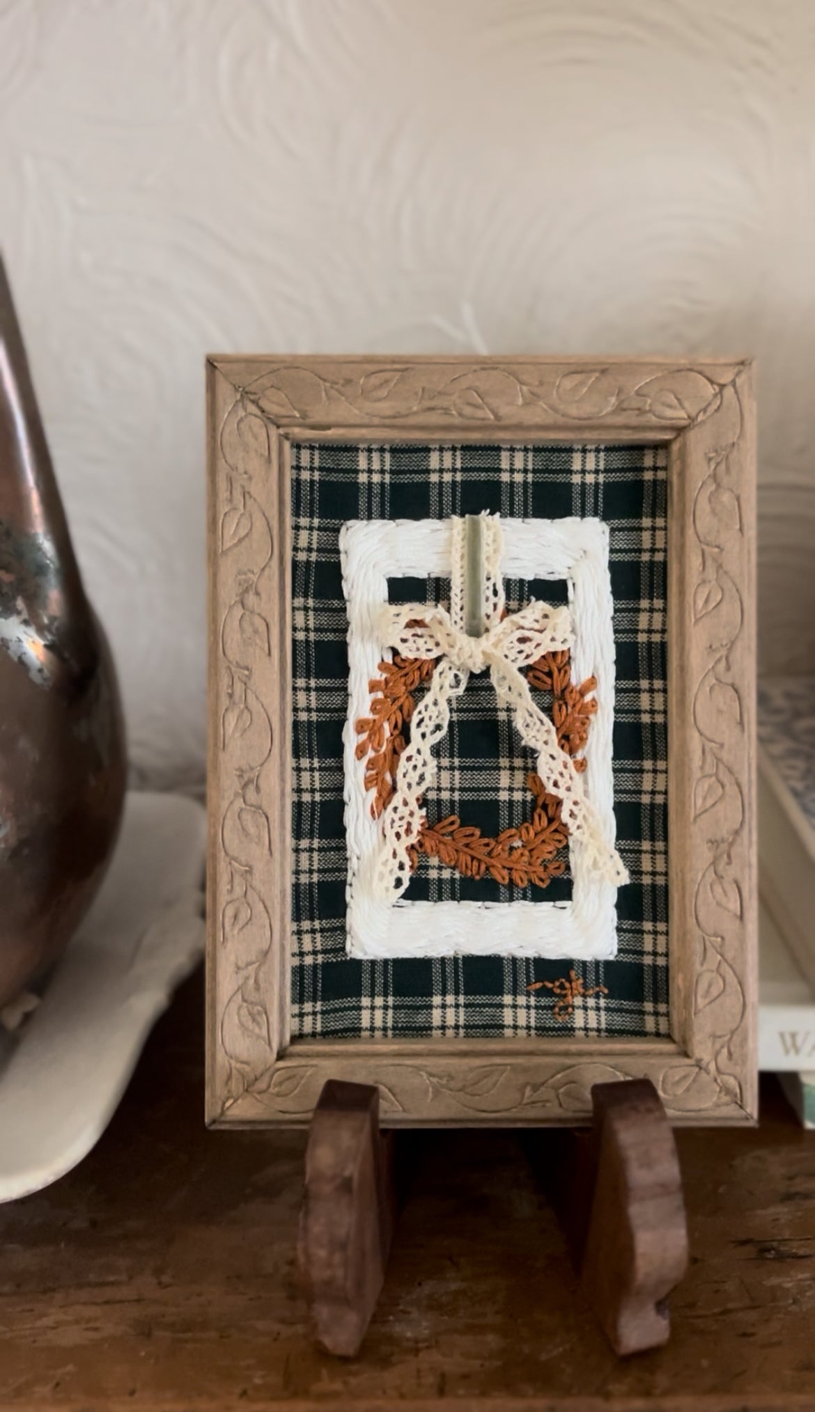White Wicker Frame with Fall Wreath on Green Plaid Fabric Embroidery Art in a Hand-made Wooden Frame