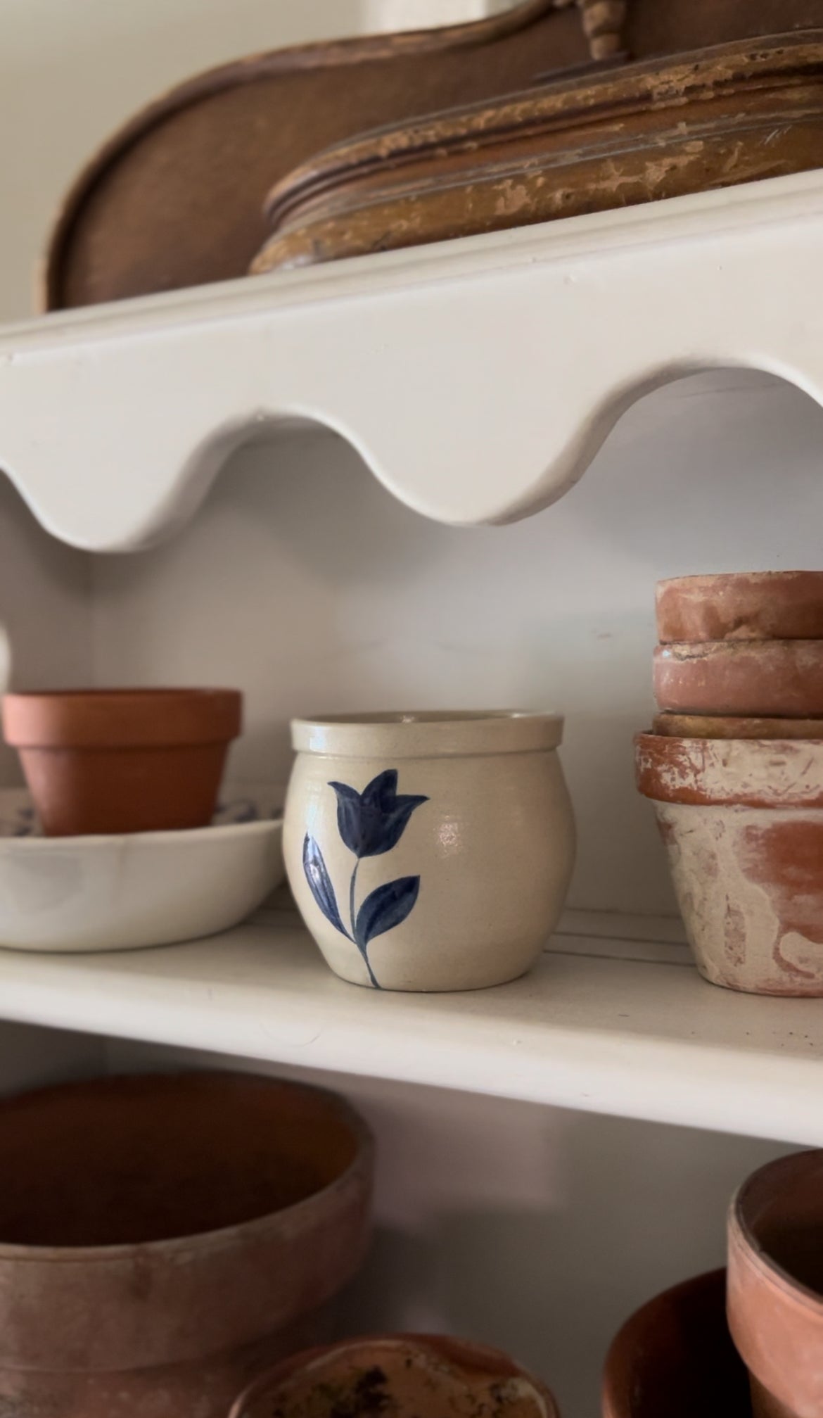 Williamsburg Pottery Small Planter with Blue Tulip Motif