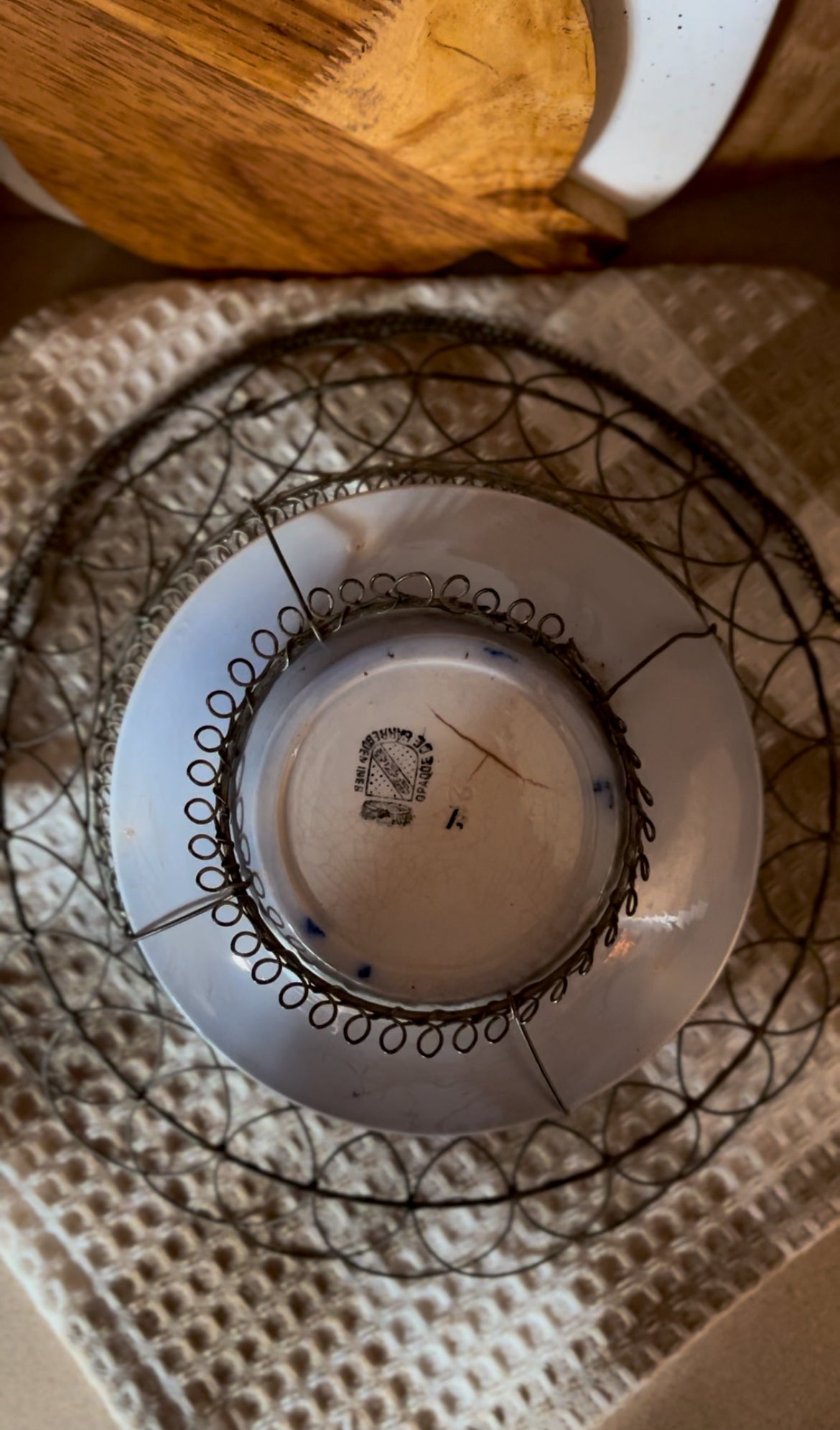 Antique French Wire Basket with Flow Blue Opaque Sarreguemines Plate