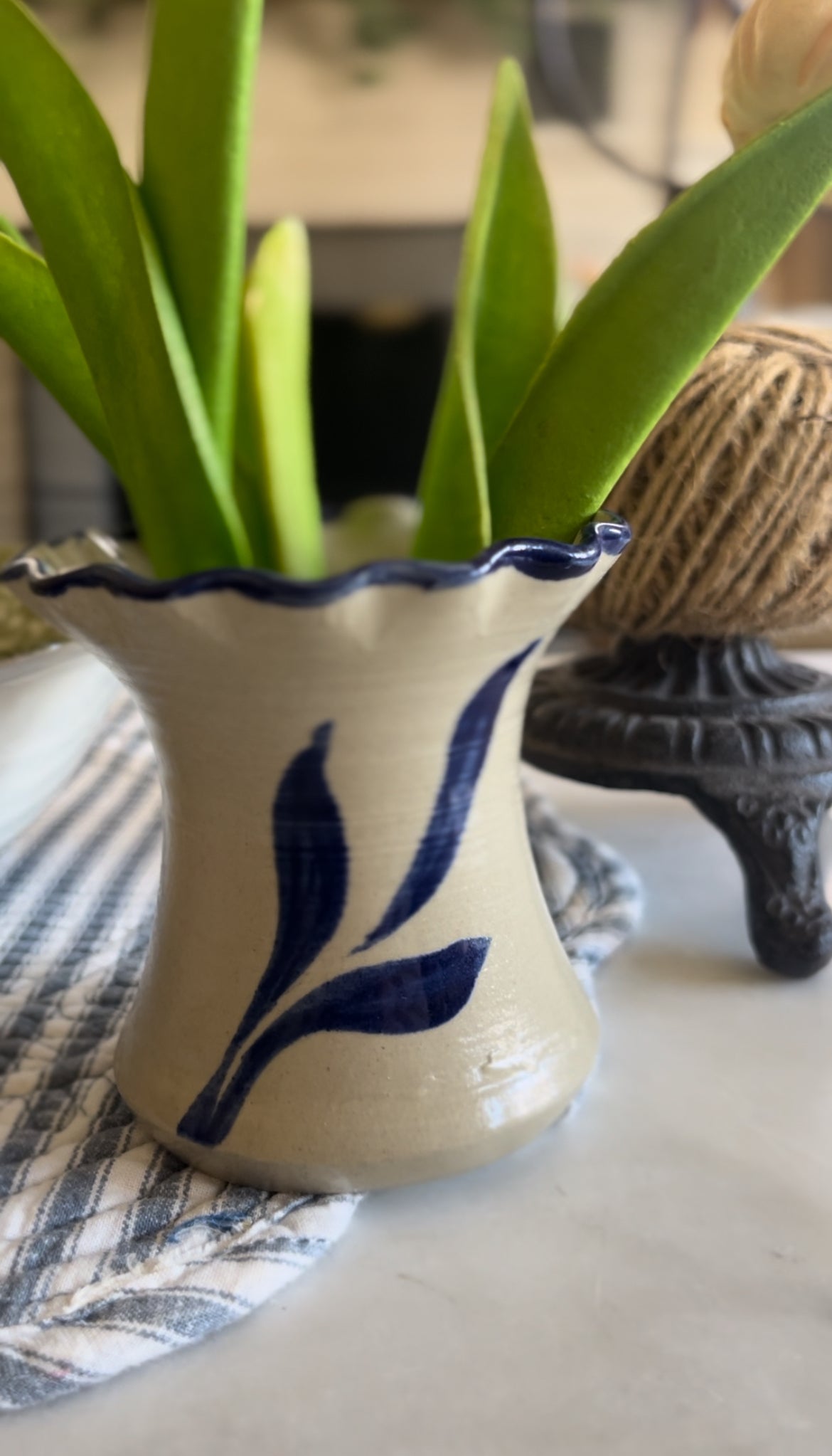 Williamsburg Pottery Blue Flower Ruffle Stoneware Vase (flowers not included)